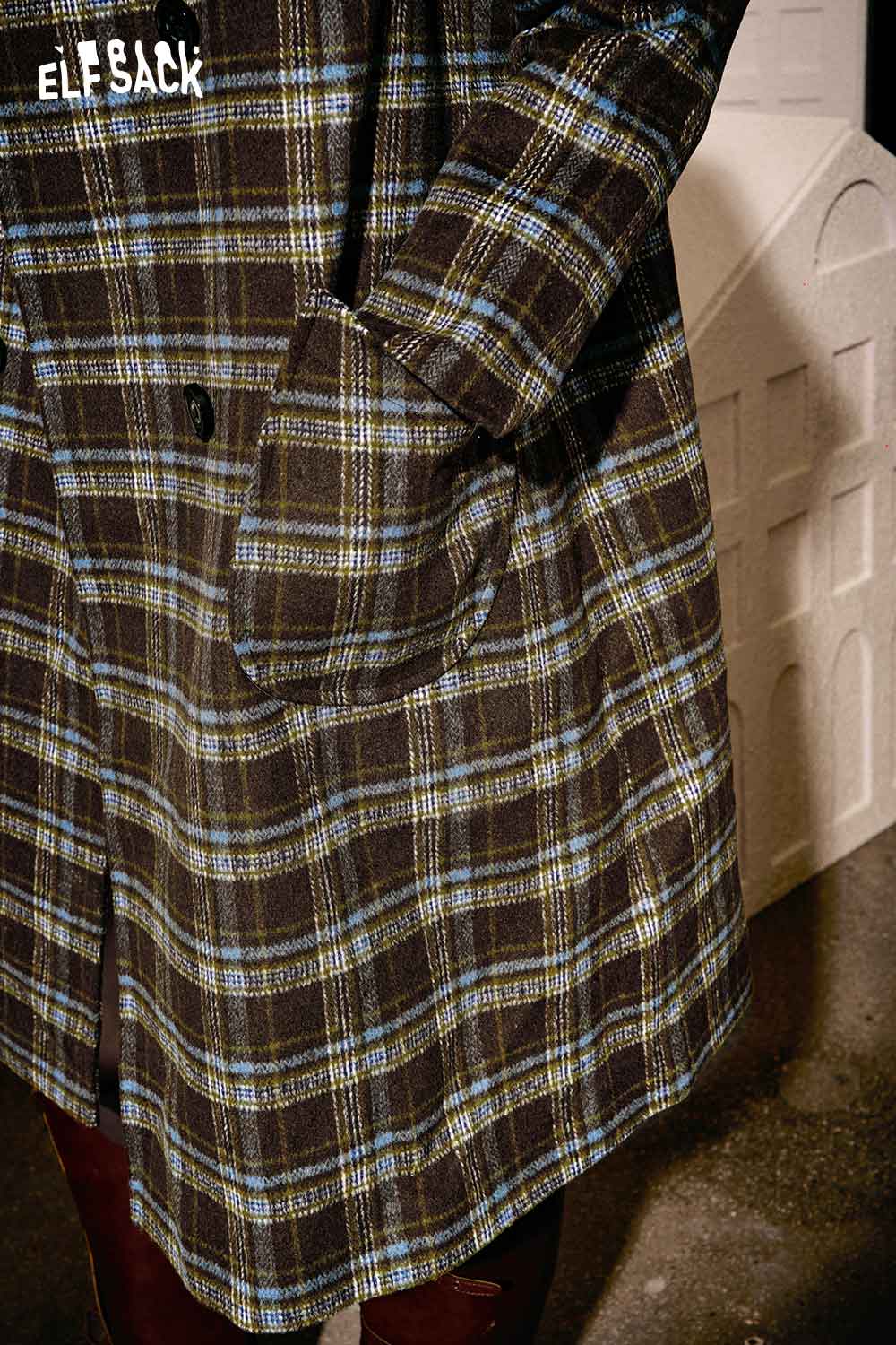 ELFSACK women's striped wool coat featuring a stylish plaid pattern and front pockets