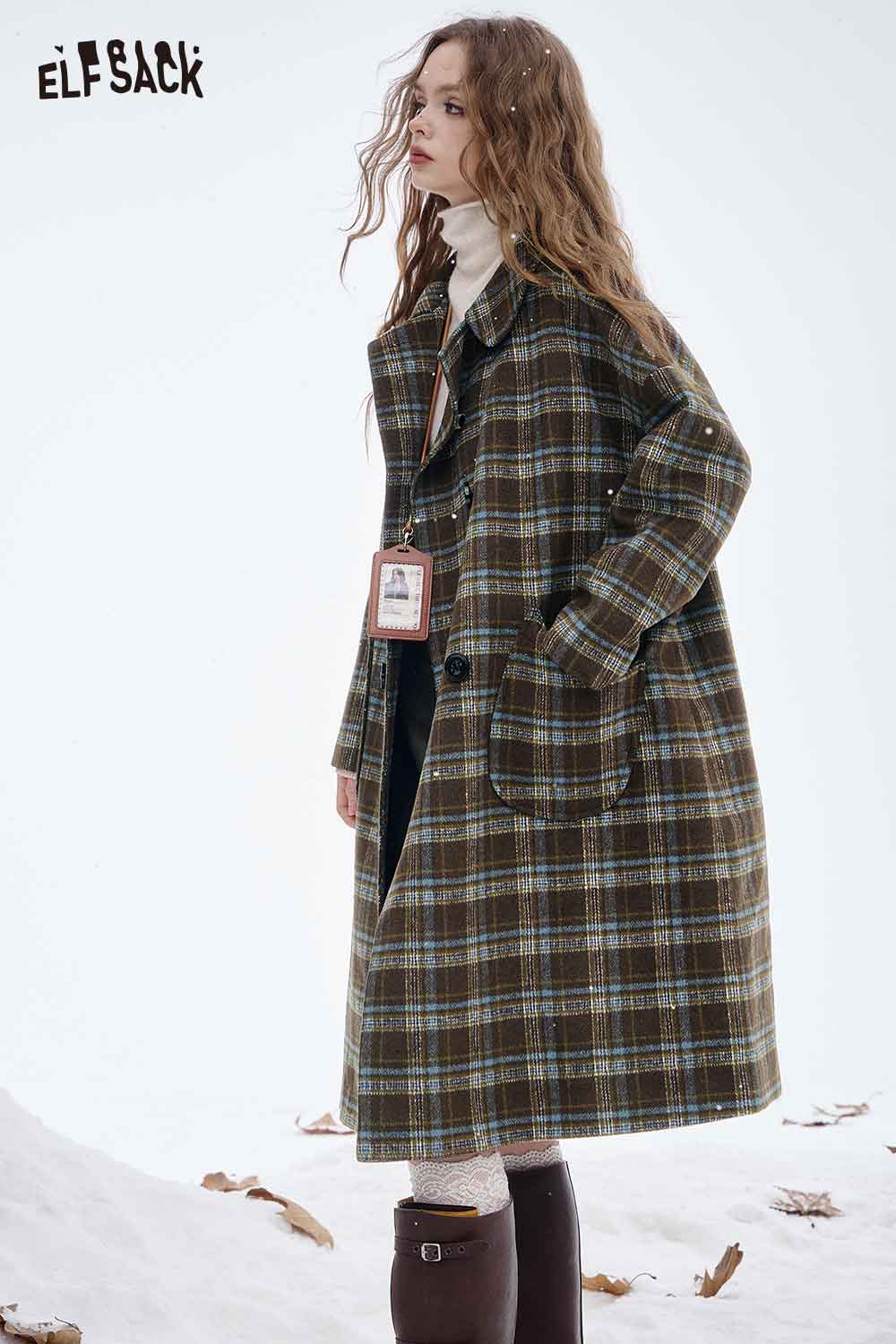 ELFSACK women's striped wool coat in plaid design, perfect for stylish winter layering