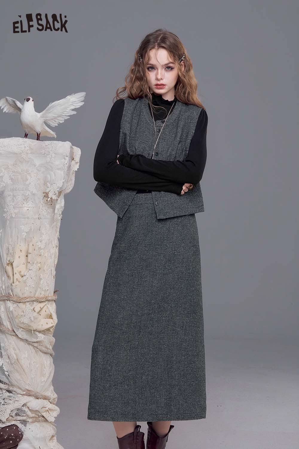 ELFSACK women's tweed skirt set featuring a stylish long skirt and vest combination
