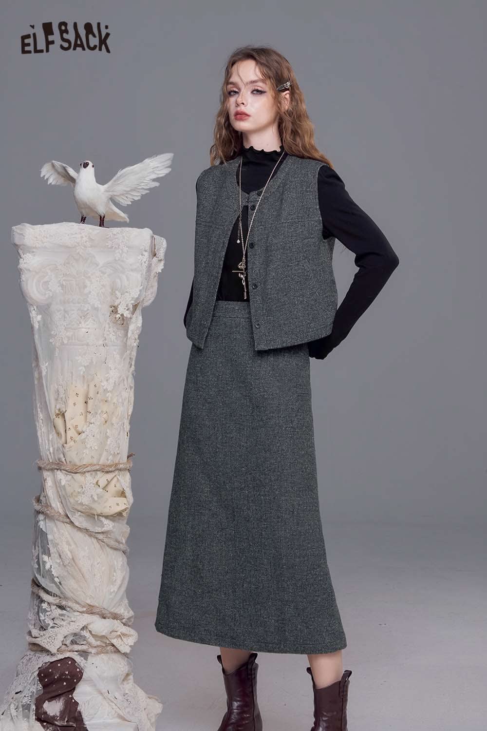 ELFSACK women's tweed skirt set featuring a chic vest and long skirt in gray for stylish outfits