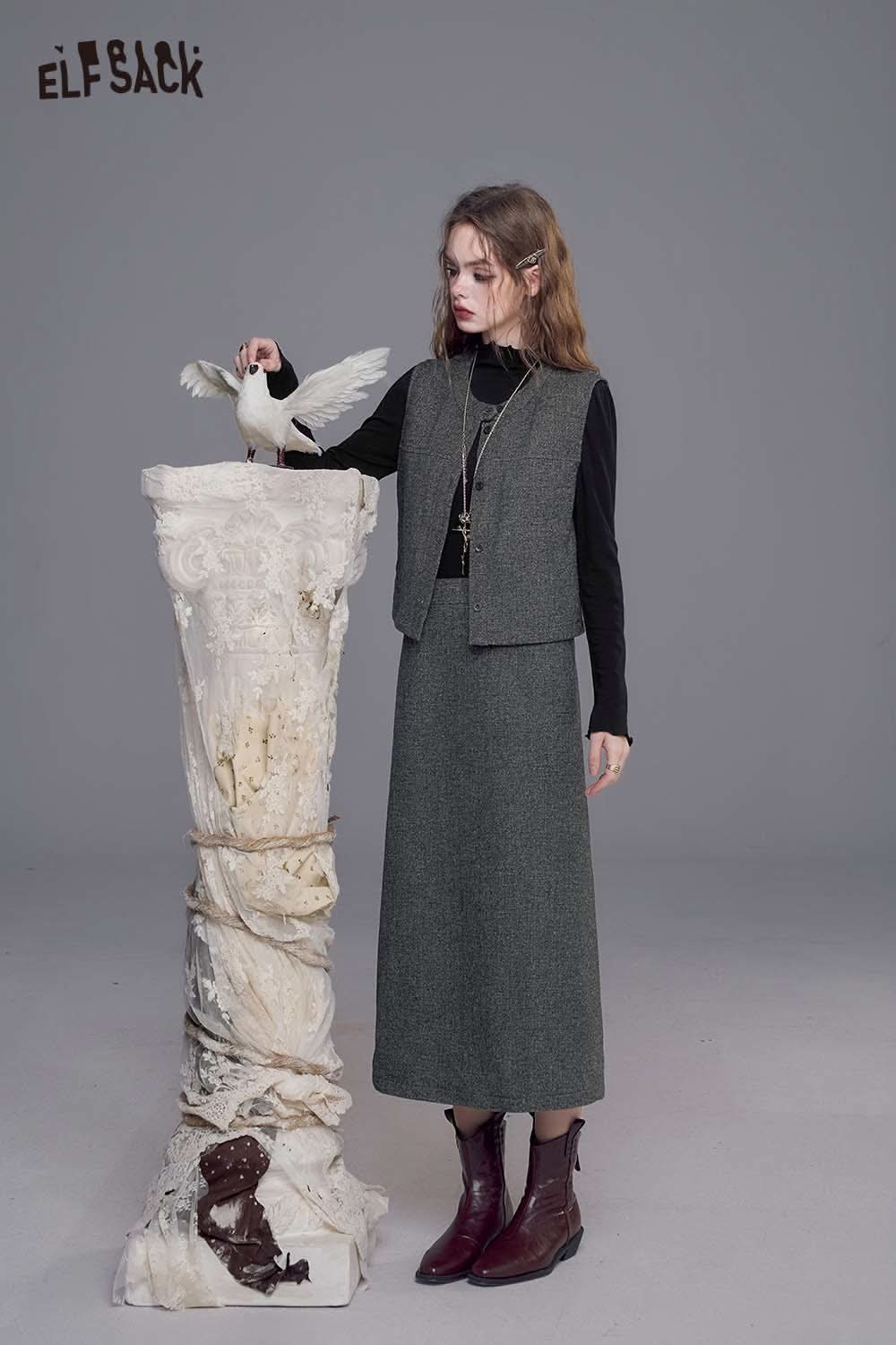 ELFSACK women's tweed skirt set featuring a long skirt and tailored vest for stylish outfits