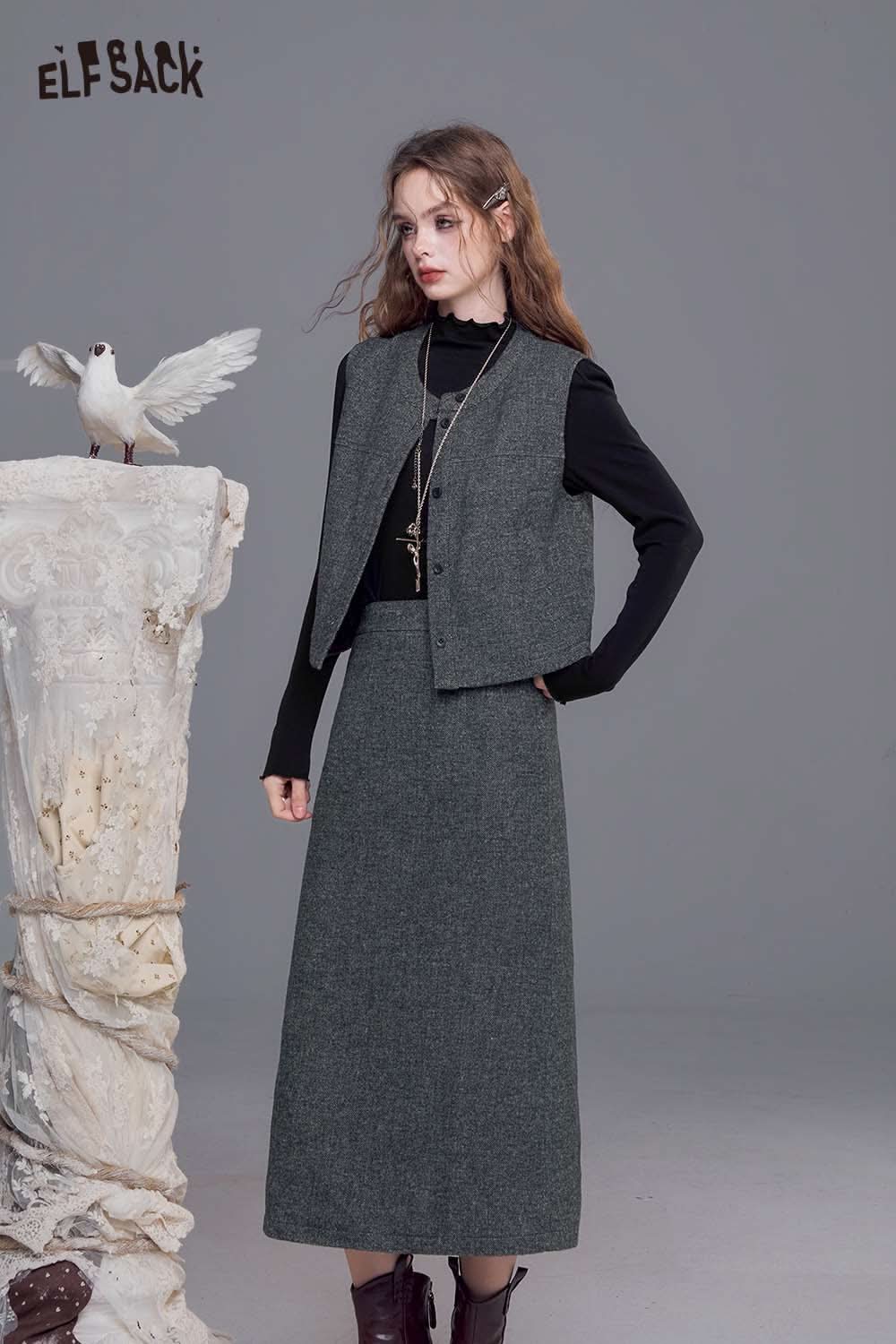 ELFSACK women's tweed skirt set featuring a stylish vest and long skirt for a sophisticated look