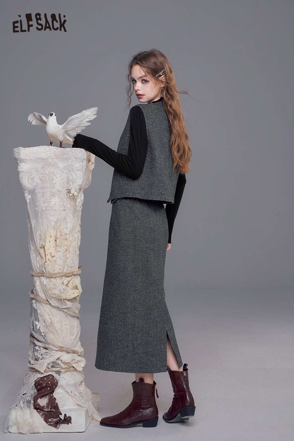 ELFSACK women's tweed skirt set featuring a stylish vest and long skirt for a chic look