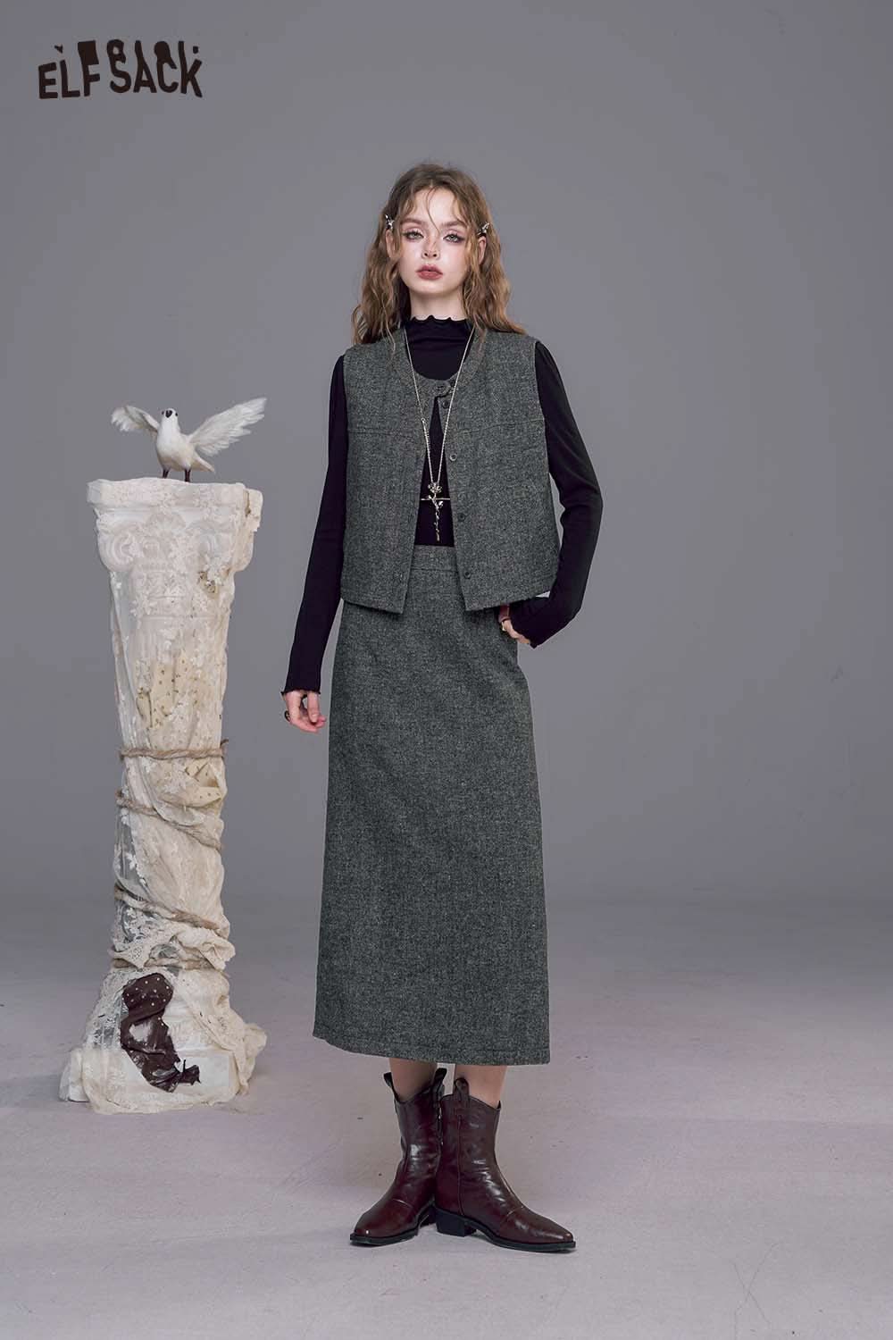 ELFSACK women's tweed skirt set featuring a gray long skirt and matching vest for a stylish look