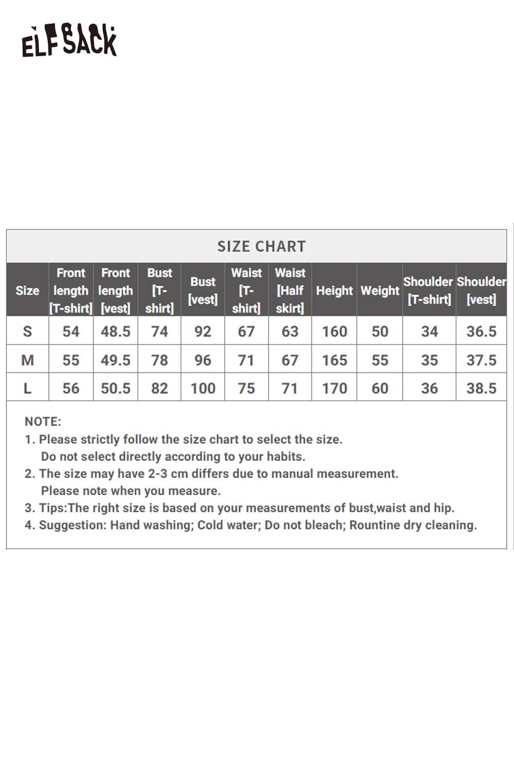 Size chart for ELFSACK women's tweed skirt set with measurements for size S, M, L, and XL
