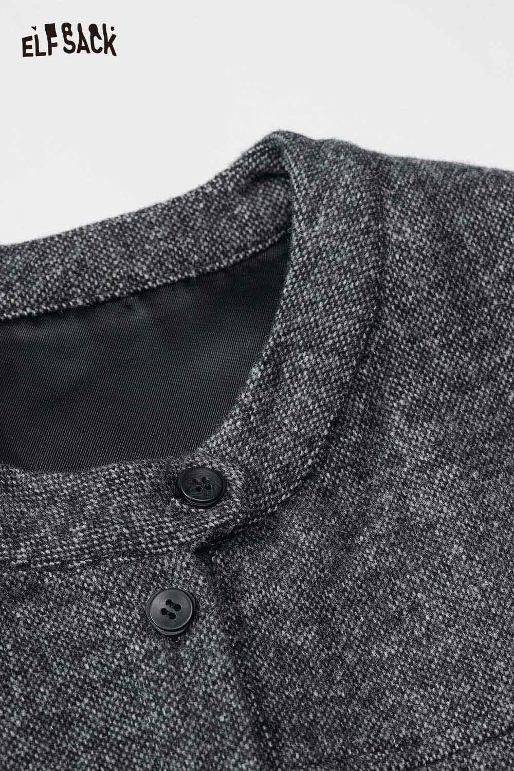Close-up of ELFSACK women's tweed skirt set featuring a textured grey fabric and button detail