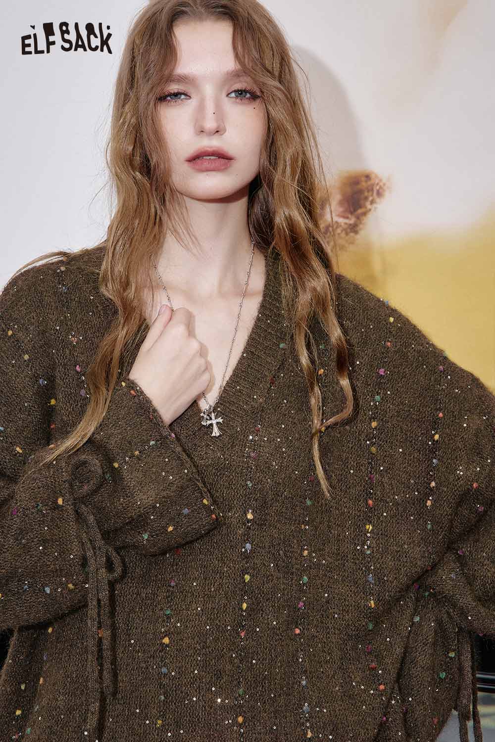 ELFSACK women's v-neck openwork sweater in dark brown with colorful speckles for a stylish look