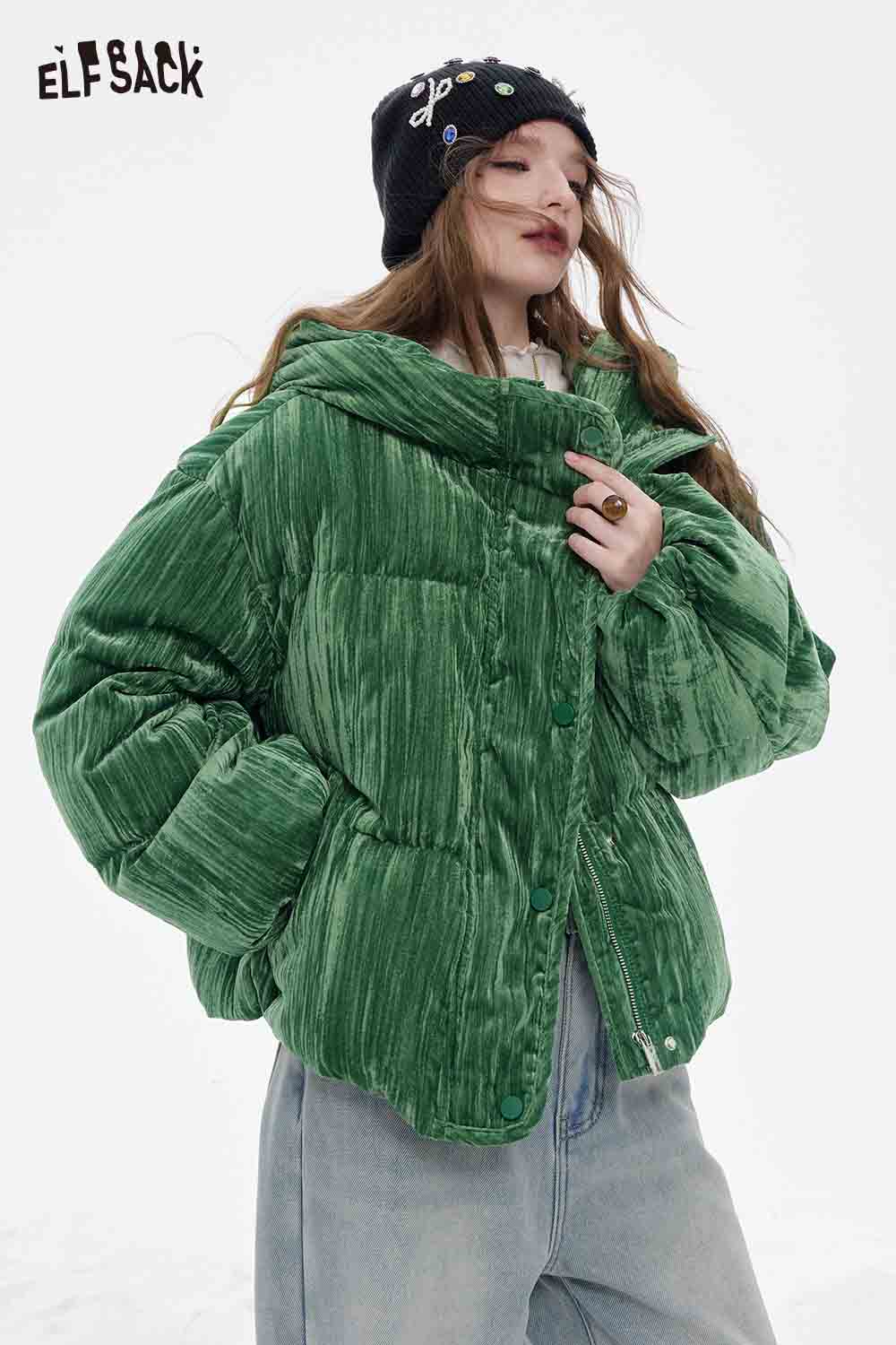 ELFSACK women's velvet puffer coat in green with a cozy hood and stylish design