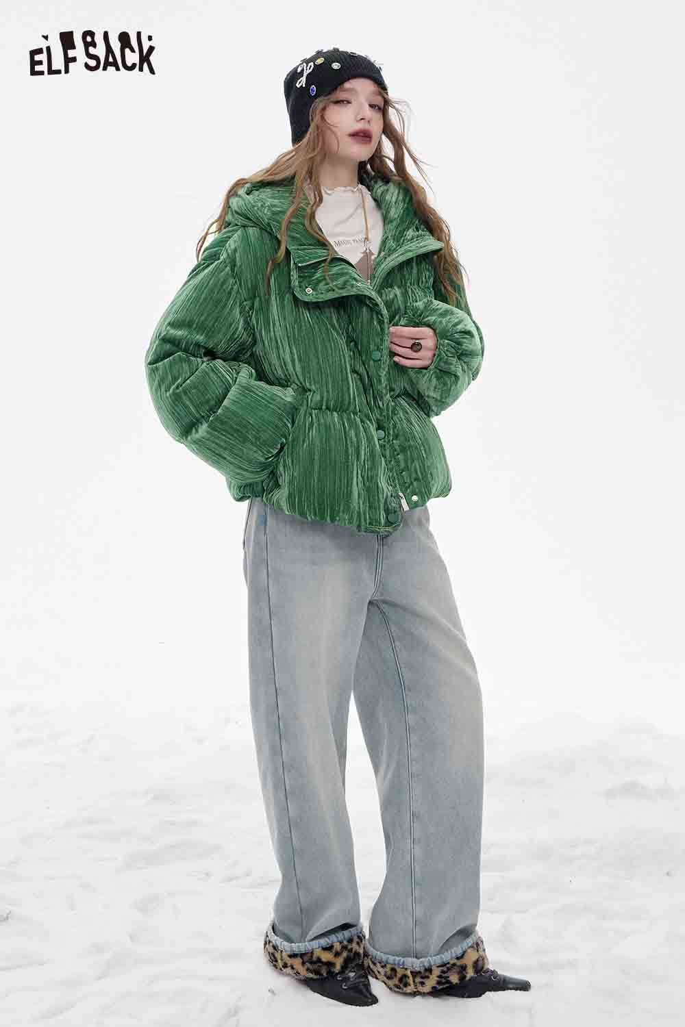 ELFSACK women's velvet puffer coat in green with stylish design and cozy fit for cold weather