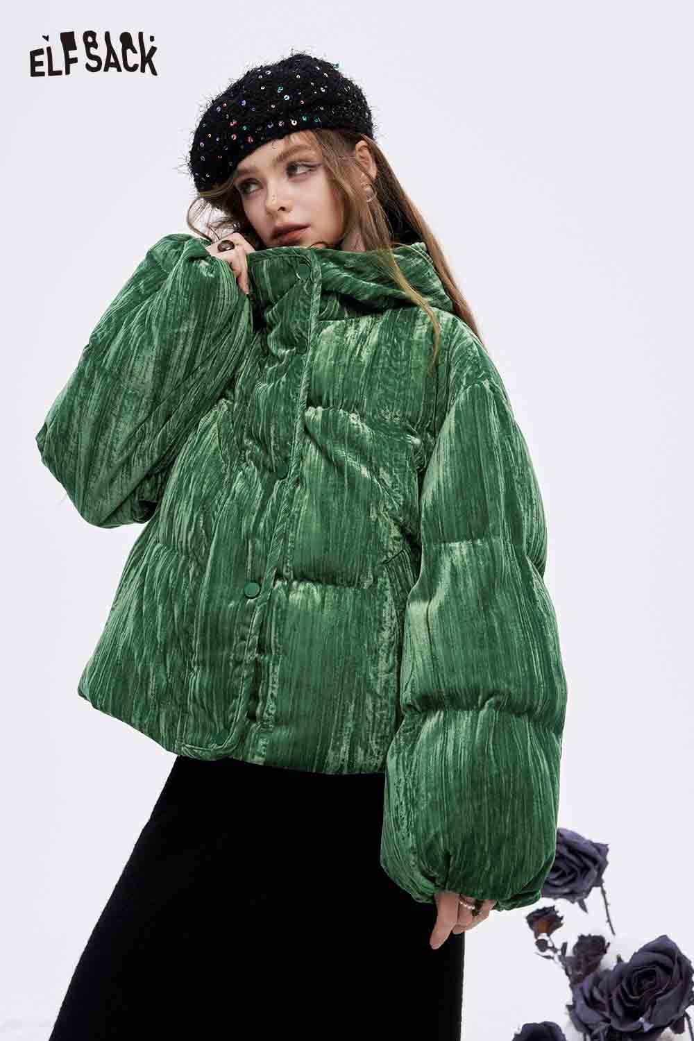 ELFSACK women's velvet puffer coat in green with oversized design and stylish finish