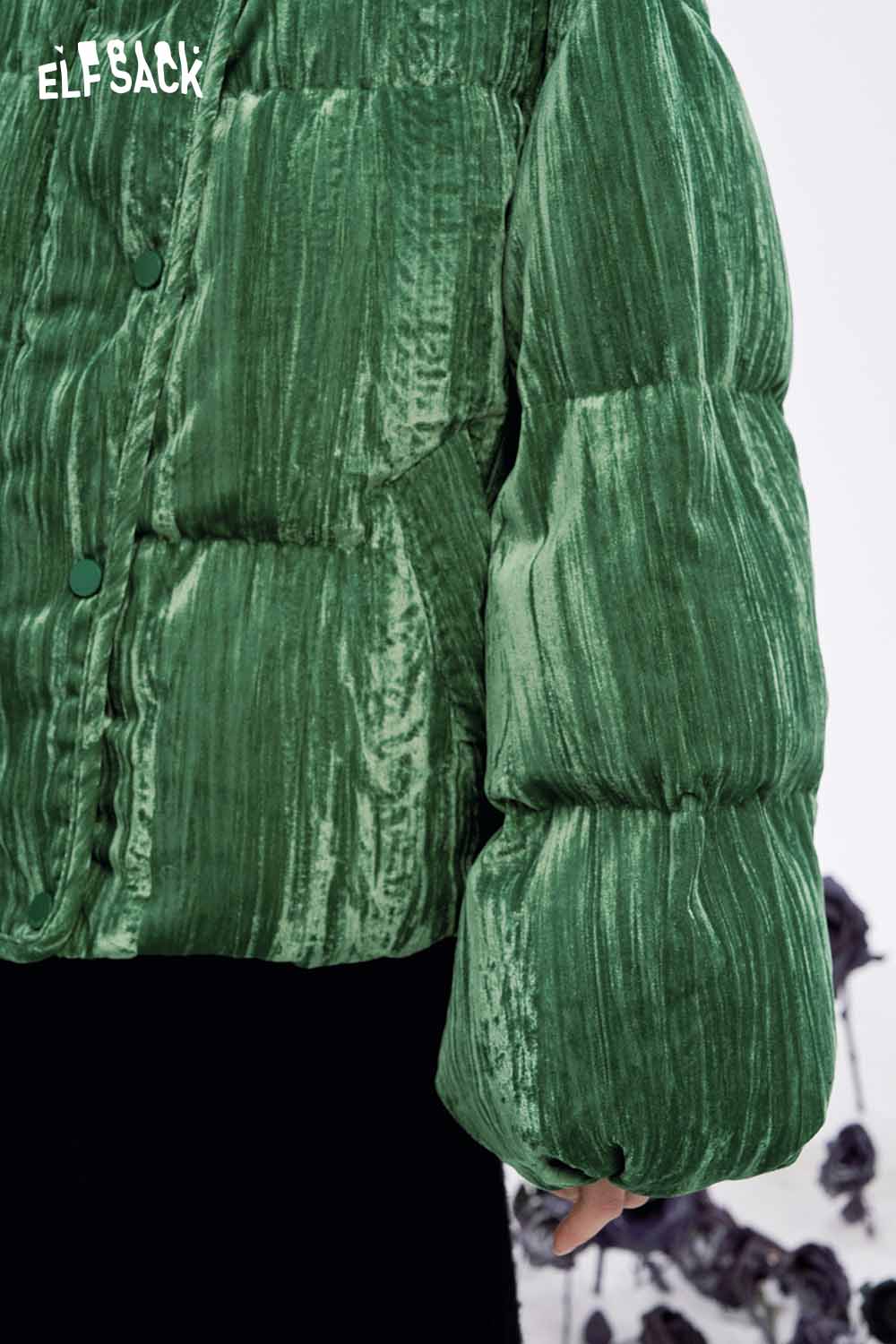 ELFSACK women's velvet puffer coat in green with a soft, textured finish and oversized sleeves