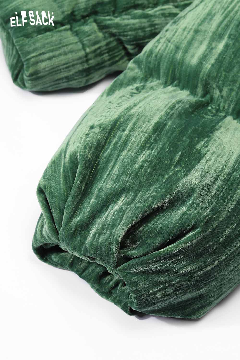 Close-up of ELFSACK women's velvet puffer coat showcasing soft green fabric and fluffy texture