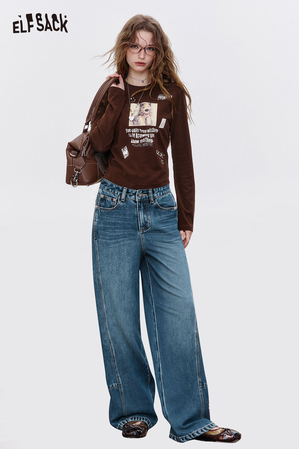 ELFSACK women's vintage washed jeans with a relaxed fit and stylish wide leg design