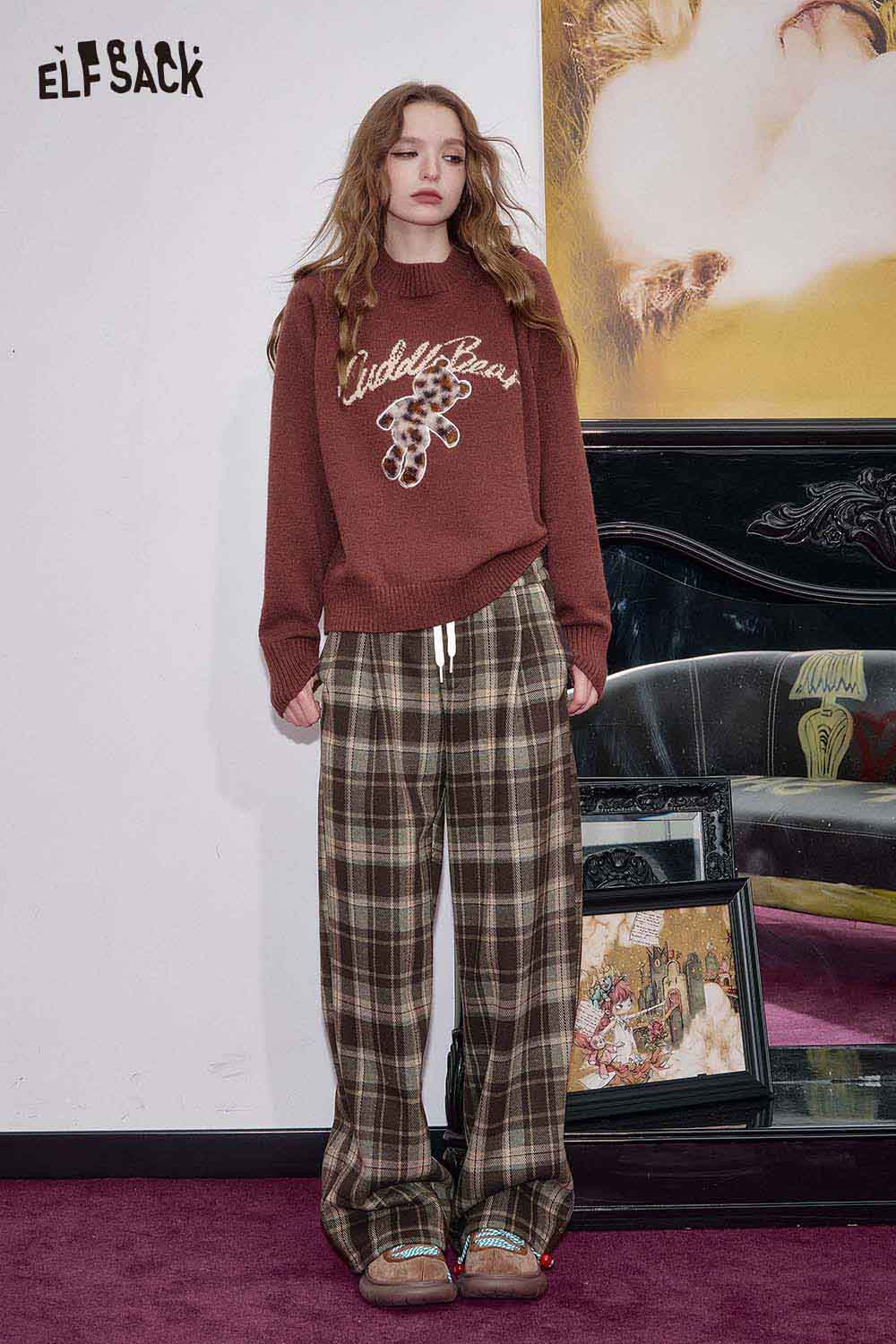 ELFSACK women's wide leg checkered pants styled with a cozy sweater for a trendy look