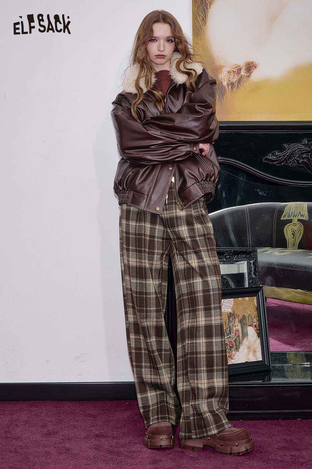 ELFSACK women's wide leg checkered pants in brown plaid for a trendy and comfortable outfit