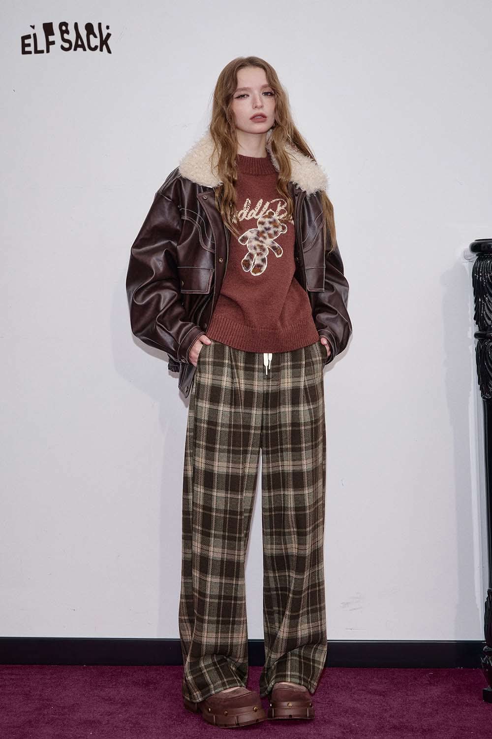 ELFSACK women's wide leg checkered pants in brown plaid, paired with a cozy sweater and bomber jacket