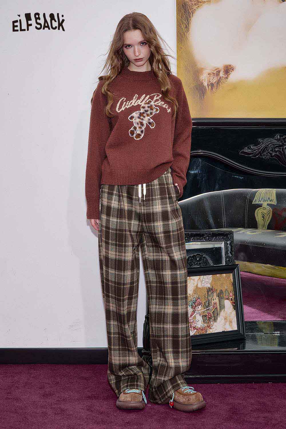 ELFSACK women's wide leg checkered pants in brown plaid style, paired with a cozy sweater for a chic look