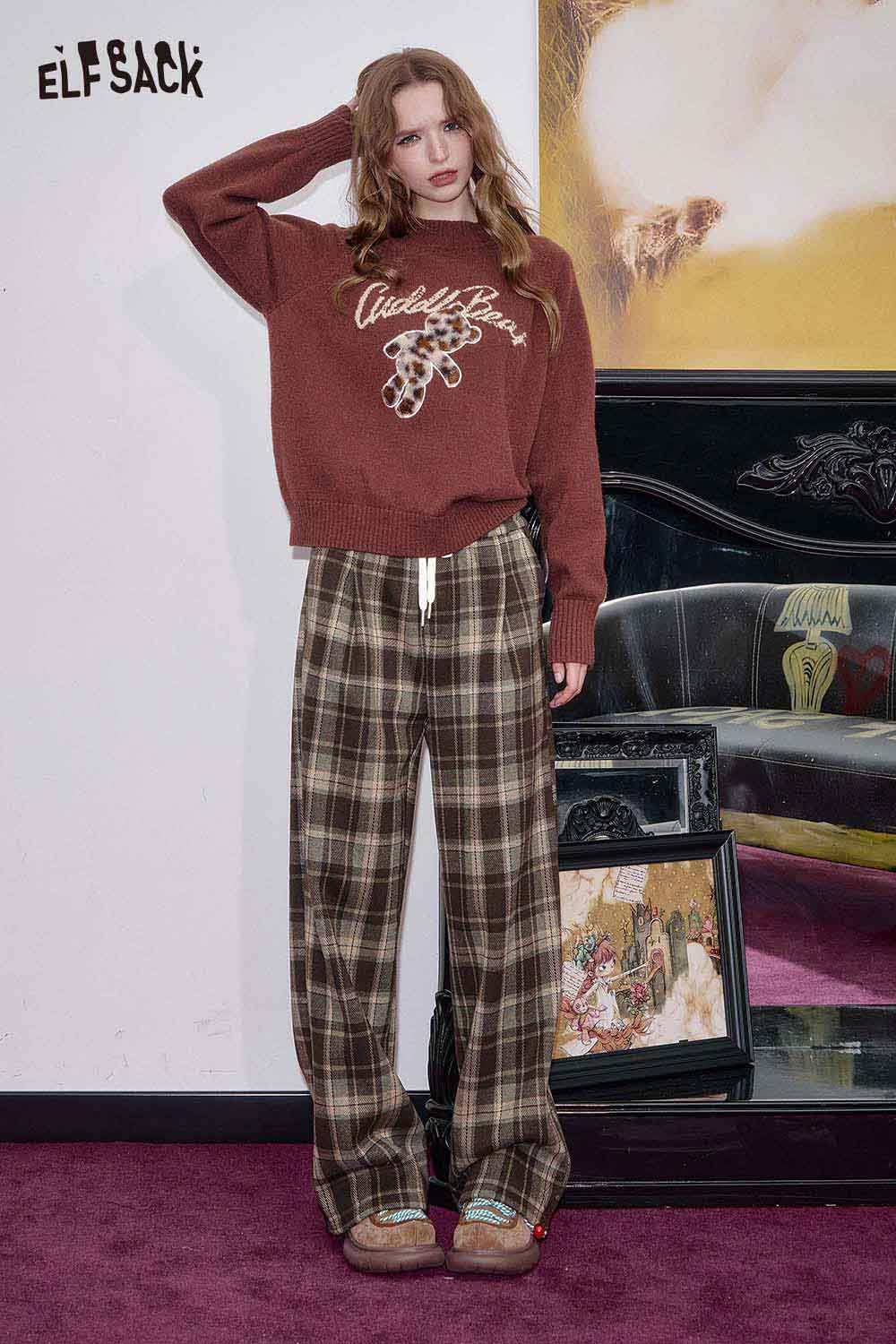ELFSACK women's wide leg checkered pants styled with a cozy sweater for a chic look