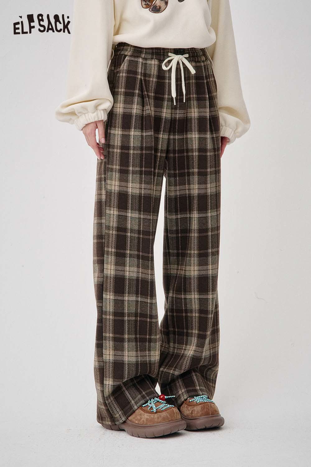 ELFSACK women's wide leg checkered pants in brown plaid with a comfortable elastic waistband