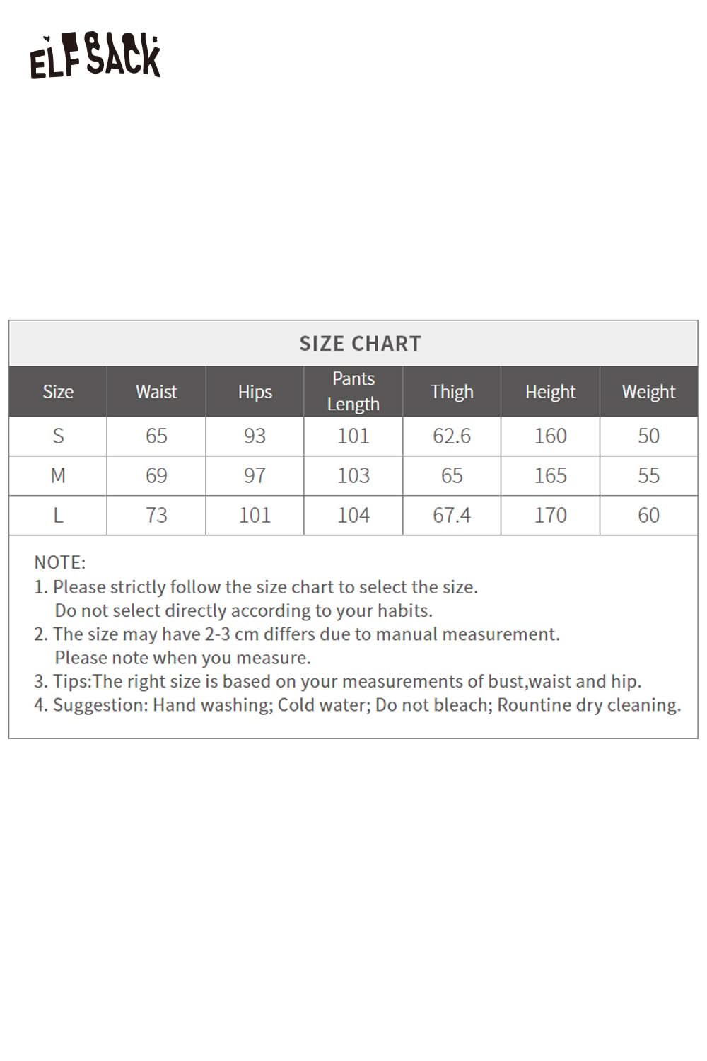 Size chart for ELFSACK women's wide leg checkered pants including measurements for waist and length