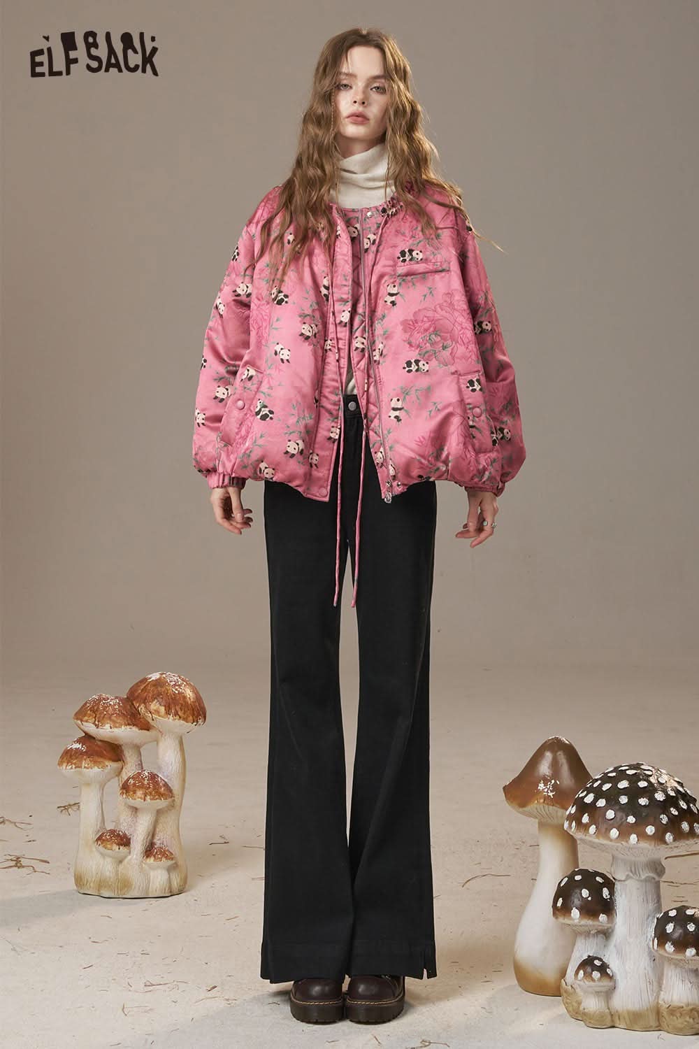 ELFSACK women's wide leg flare jeans paired with a floral pink bomber jacket for a stylish look