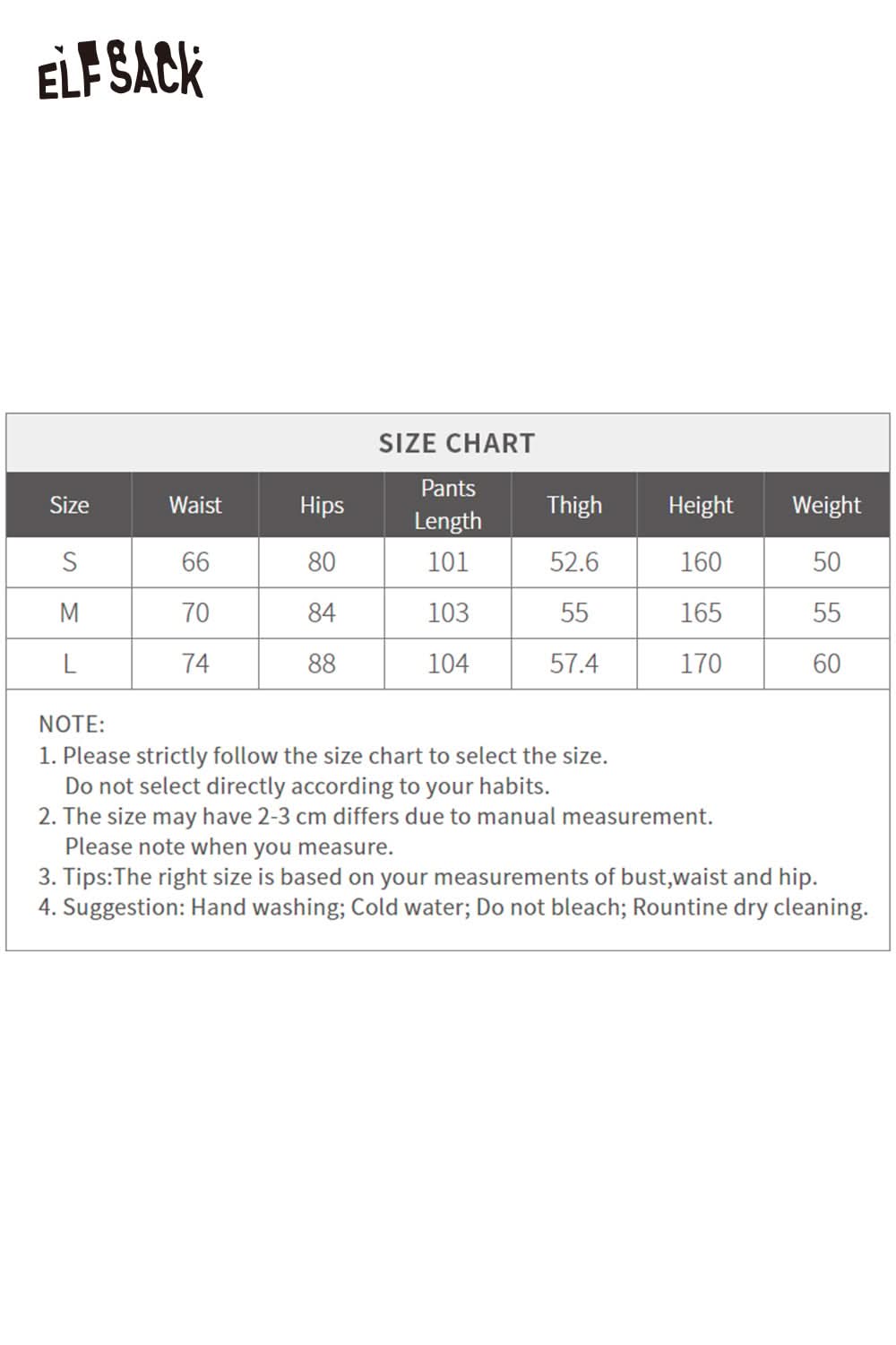 Size chart for ELFSACK women's wide leg flare jeans with measurements for waist, hips, and length