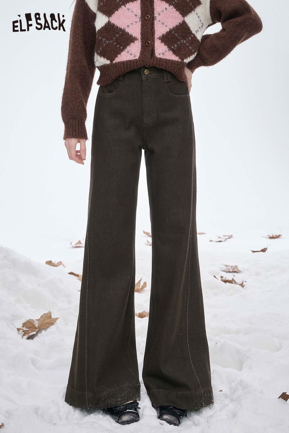 ELFSACK women's wide leg floor length jeans in dark brown for a stylish winter look