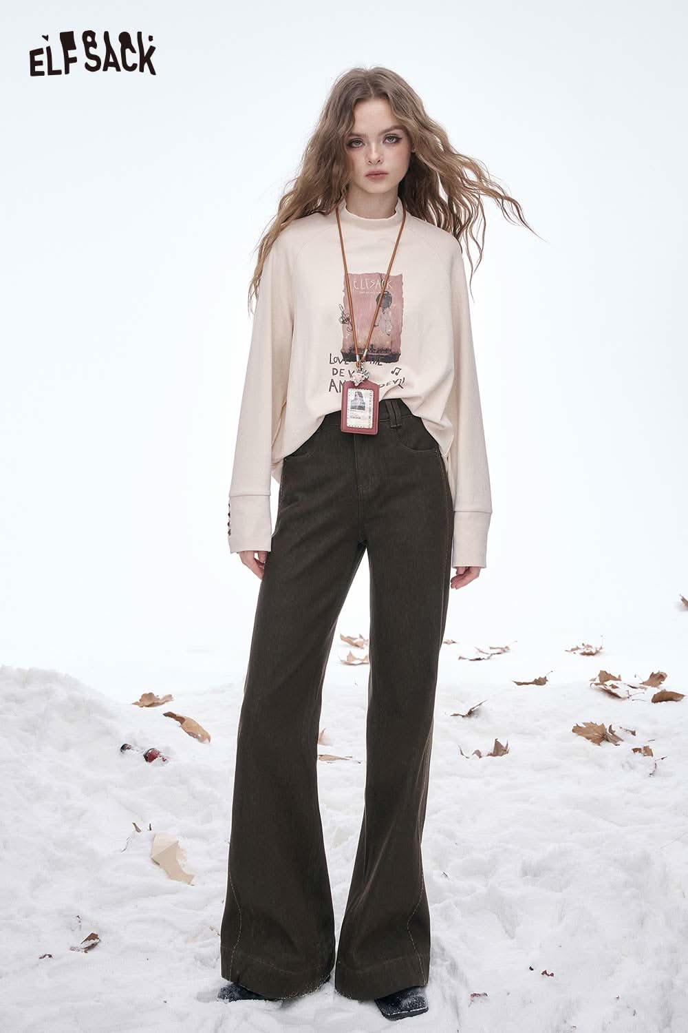 ELFSACK women's wide leg floor length jeans in a stylish brown color for a chic fall look