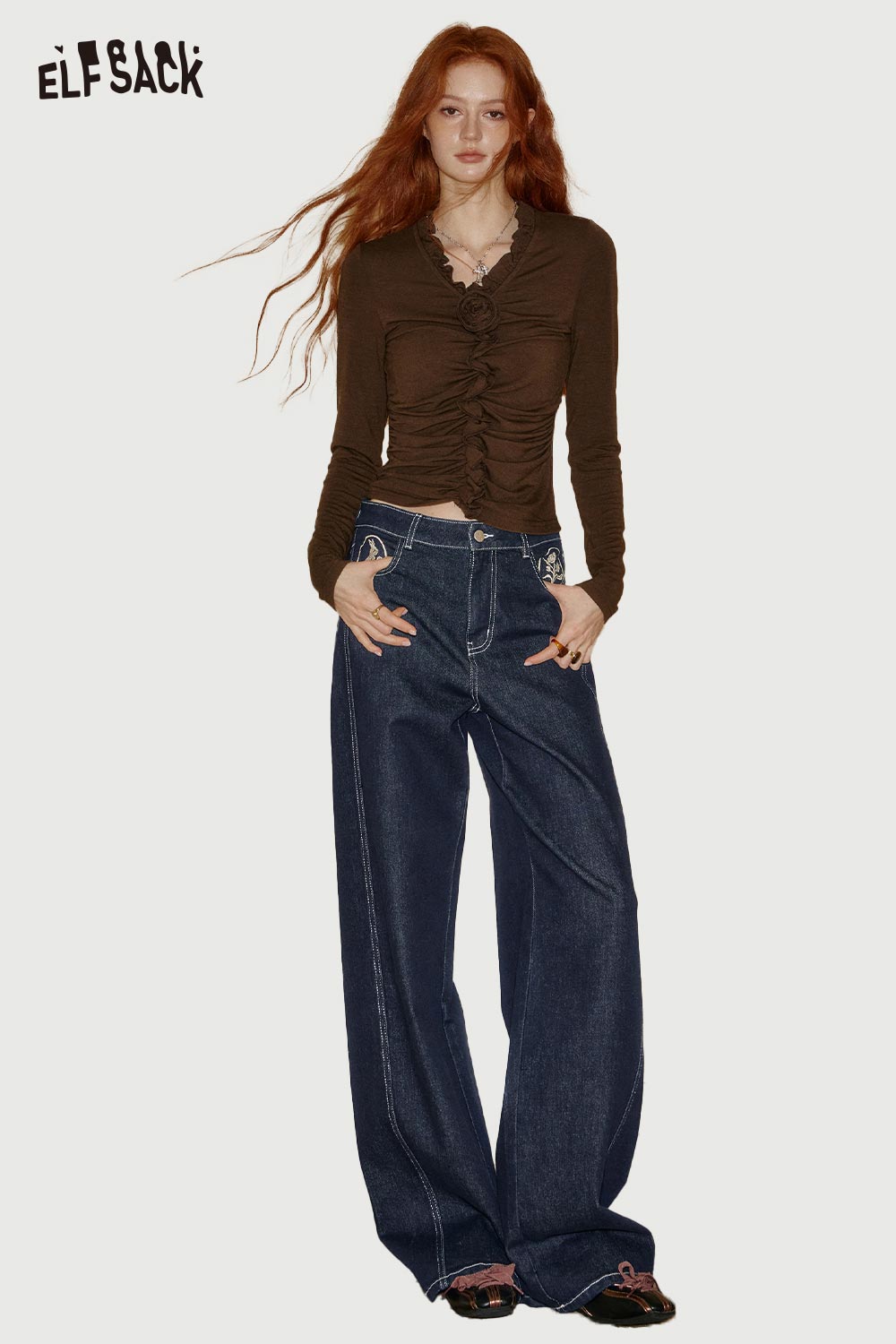 ELFSACK women's wide leg jeans in dark denim with a relaxed fit for stylish comfort