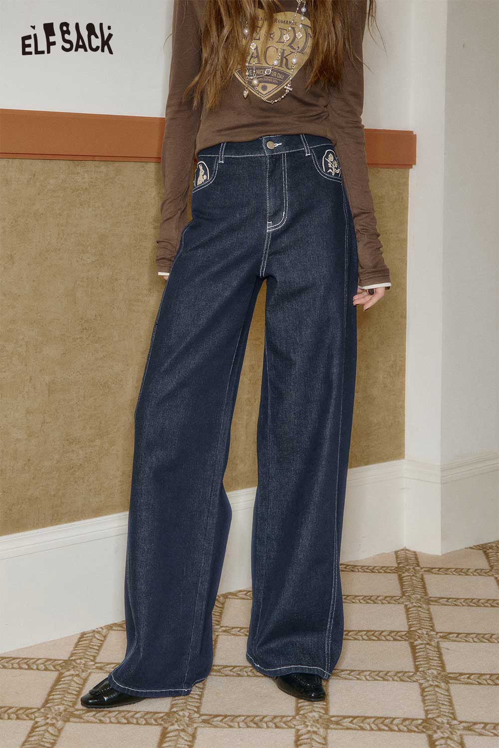 ELFSACK women's wide leg jeans in dark denim, featuring a relaxed fit and stylish design
