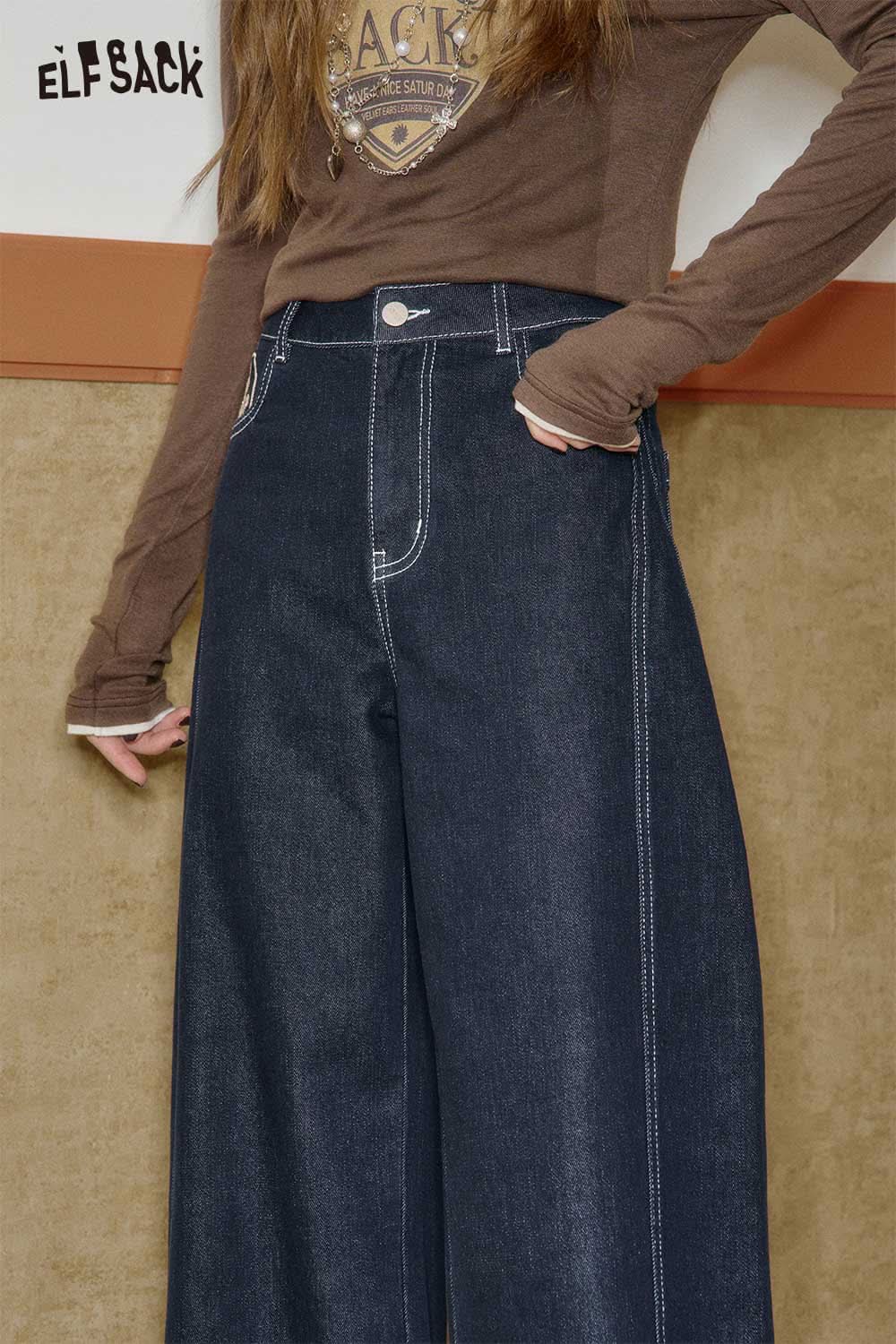 ELFSACK women's wide leg jeans in dark denim featuring a high-rise fit and stylish wide legs
