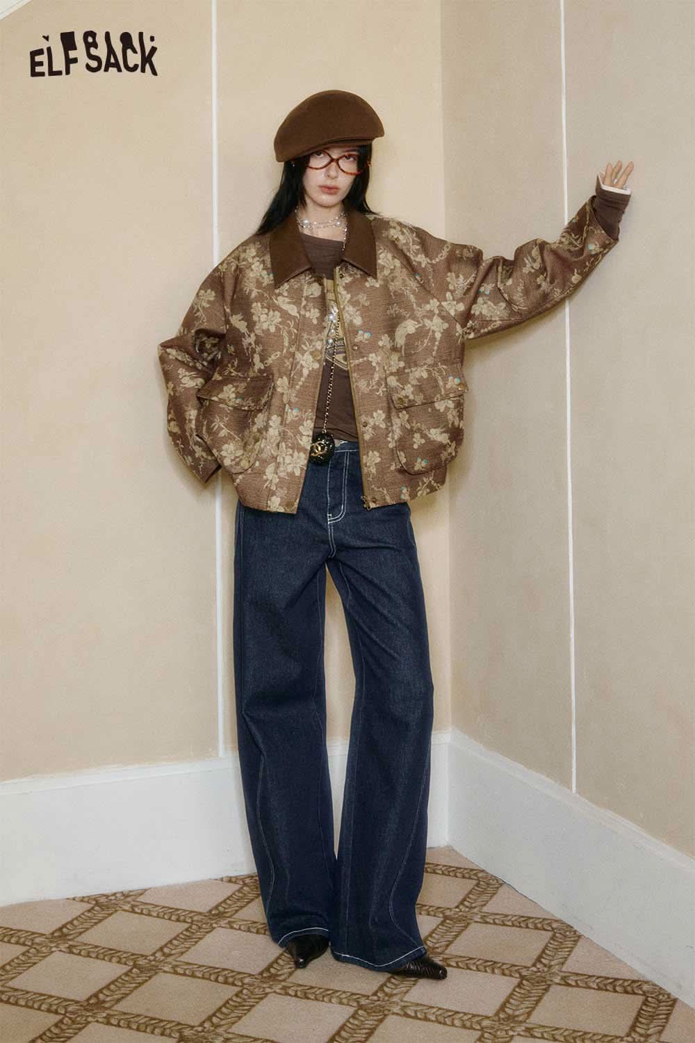 ELFSACK women's wide leg jeans paired with a stylish brown patterned jacket and hat for a trendy look