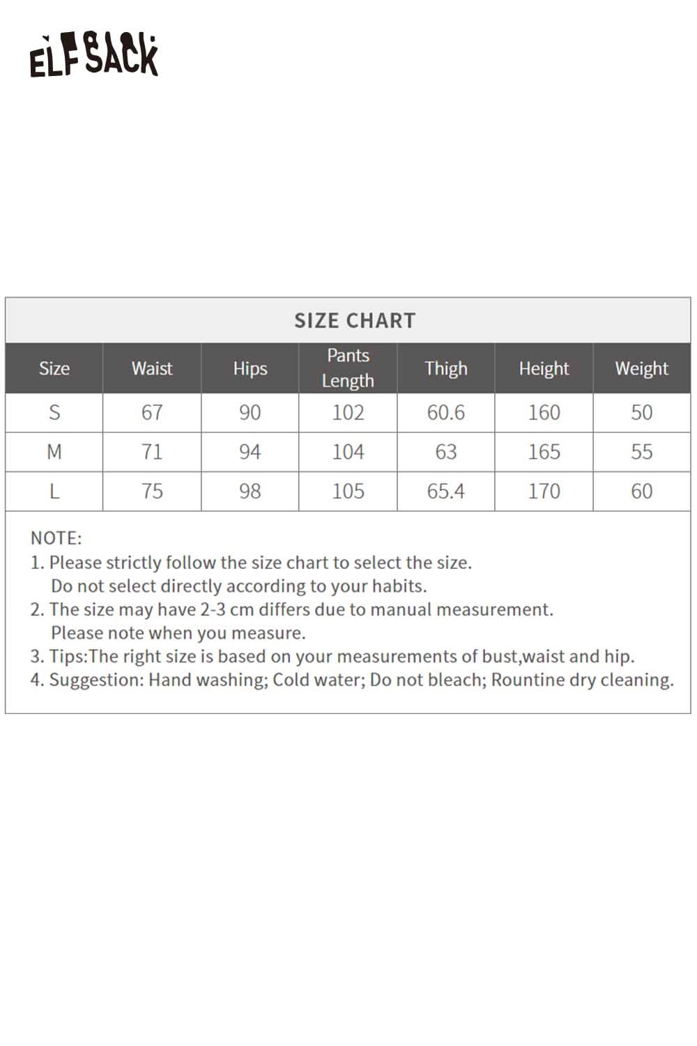 Size chart for ELFSACK women's wide leg jeans with measurements for waist, hips, and more