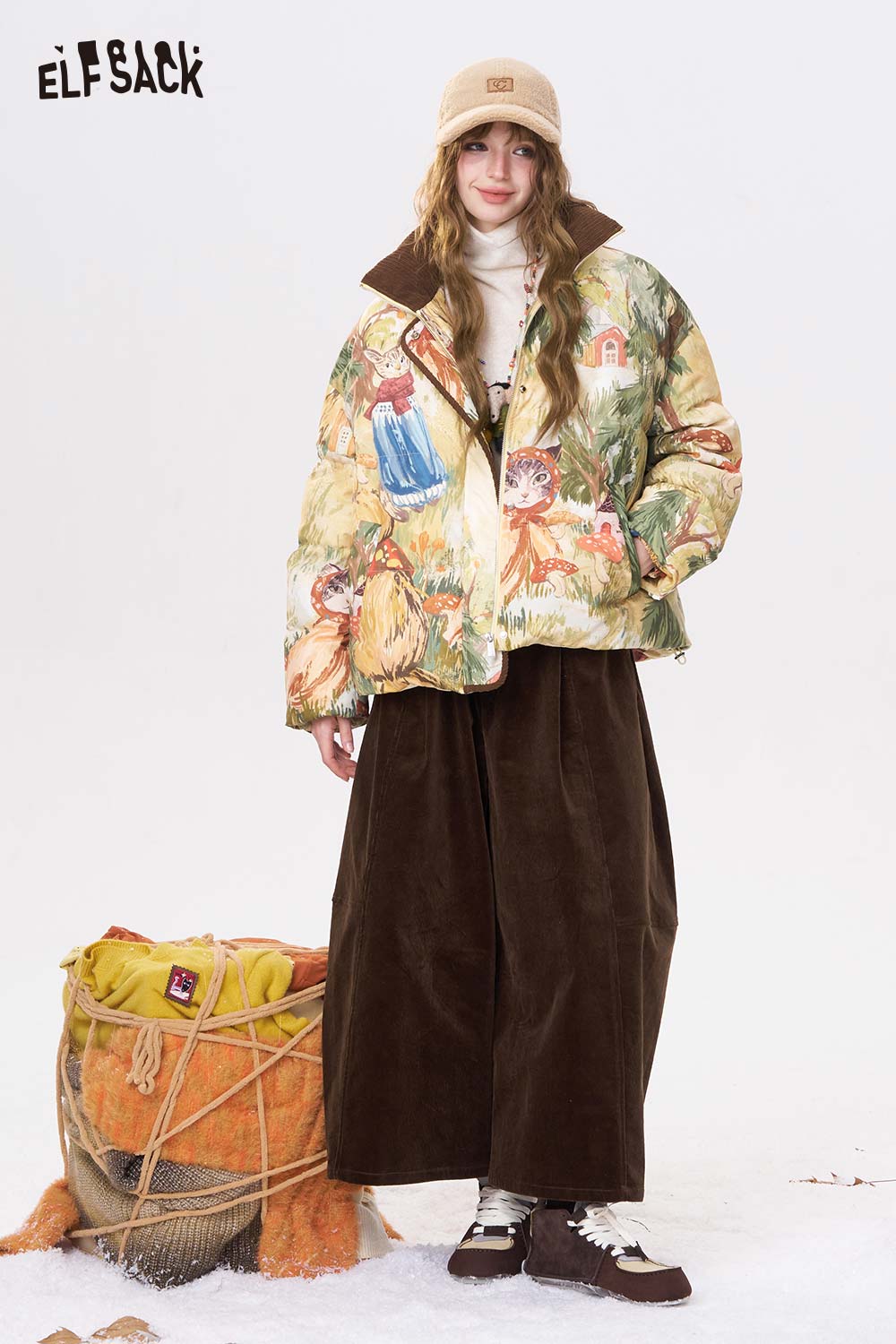 ELFSACK women's wide leg pants in dark brown paired with a colorful floral jacket for a stylish look