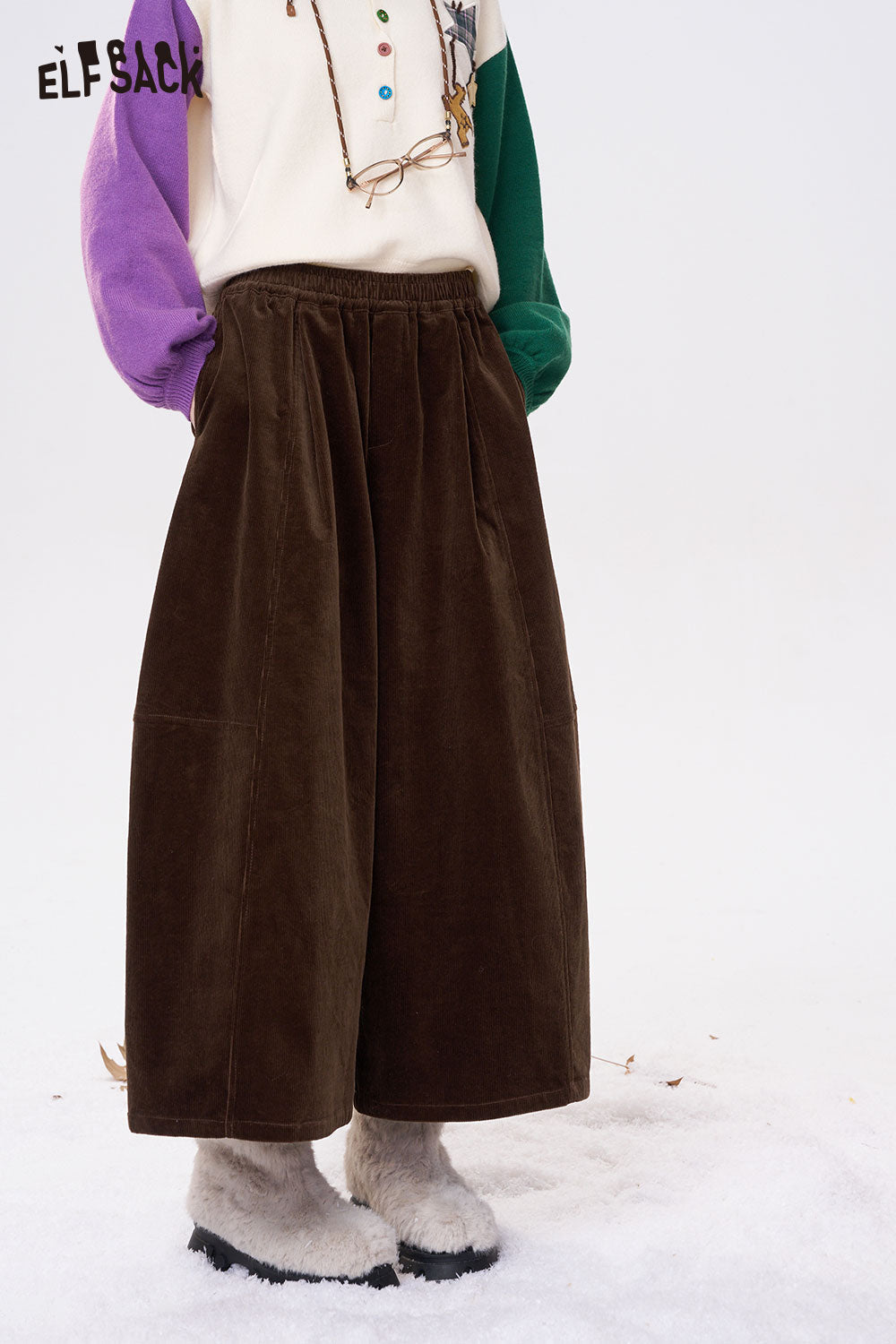 ELFSACK women's wide leg pants in brown with a comfortable elastic waistband for casual style