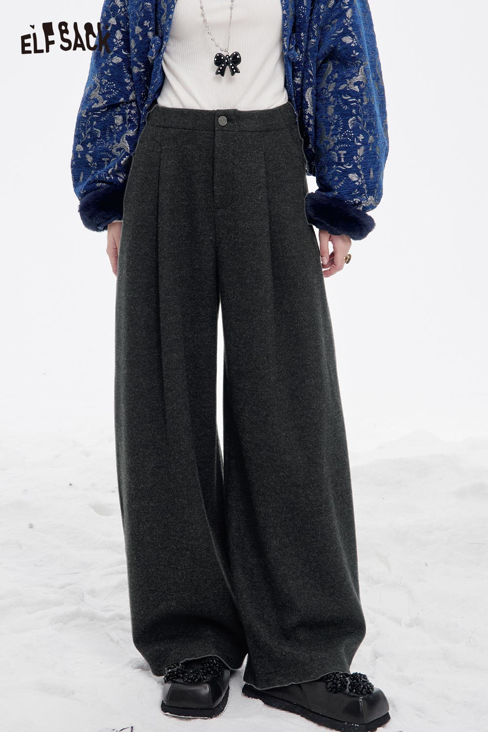 ELFSACK women's wide leg pleated pants in dark gray with a flowing design for a trendy look