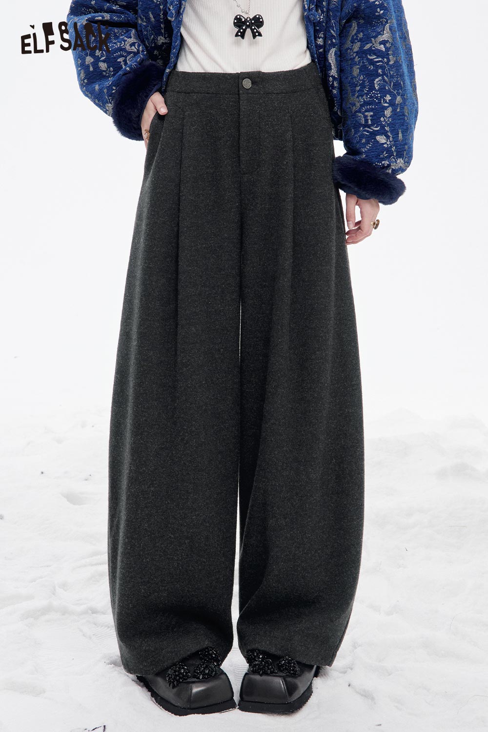 ELFSACK women's wide leg pleated pants in dark gray with a loose, comfortable fit