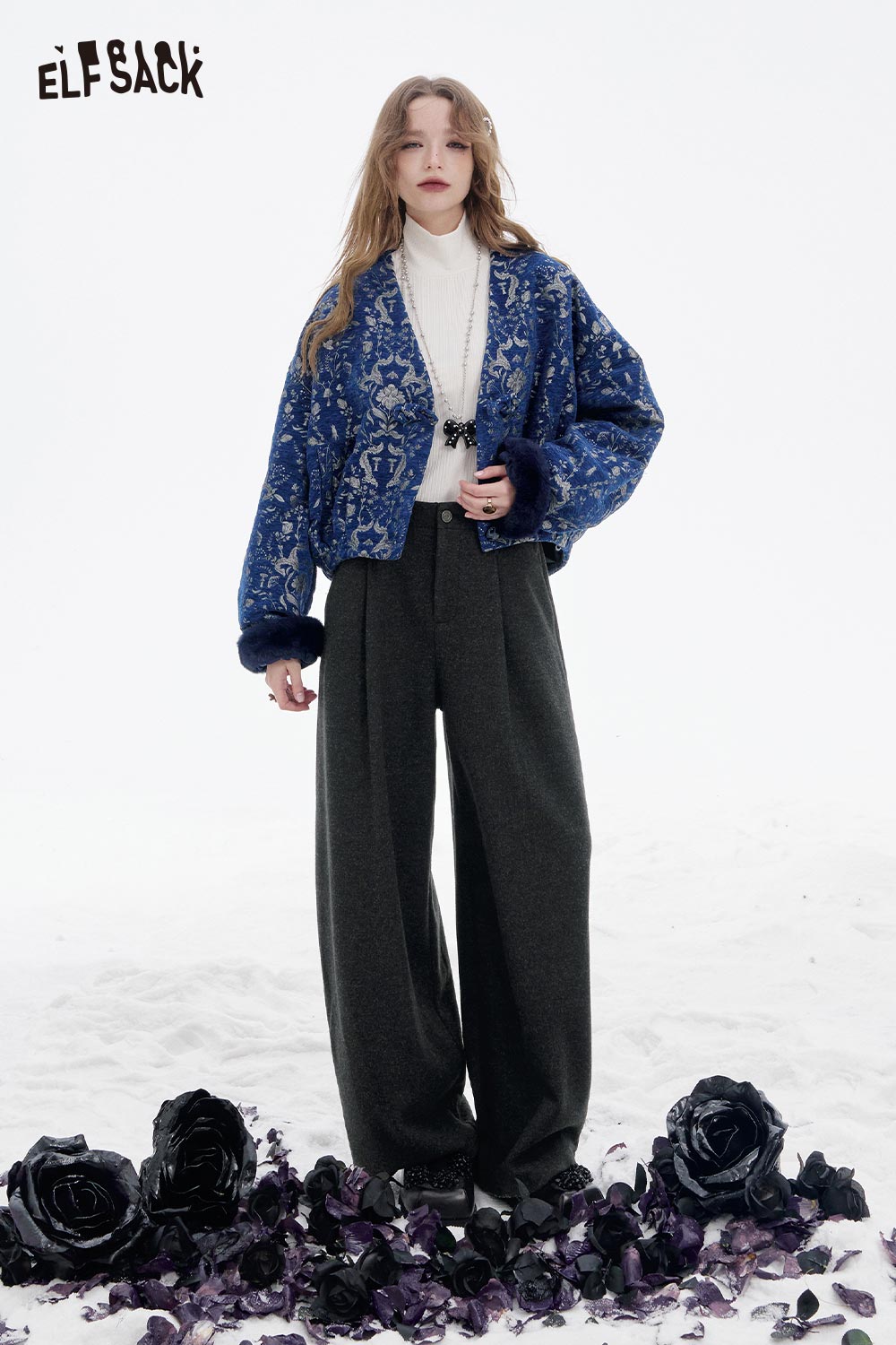 ELFSACK women's wide leg pleated pants in dark gray, styled for a trendy look with a blue jacket