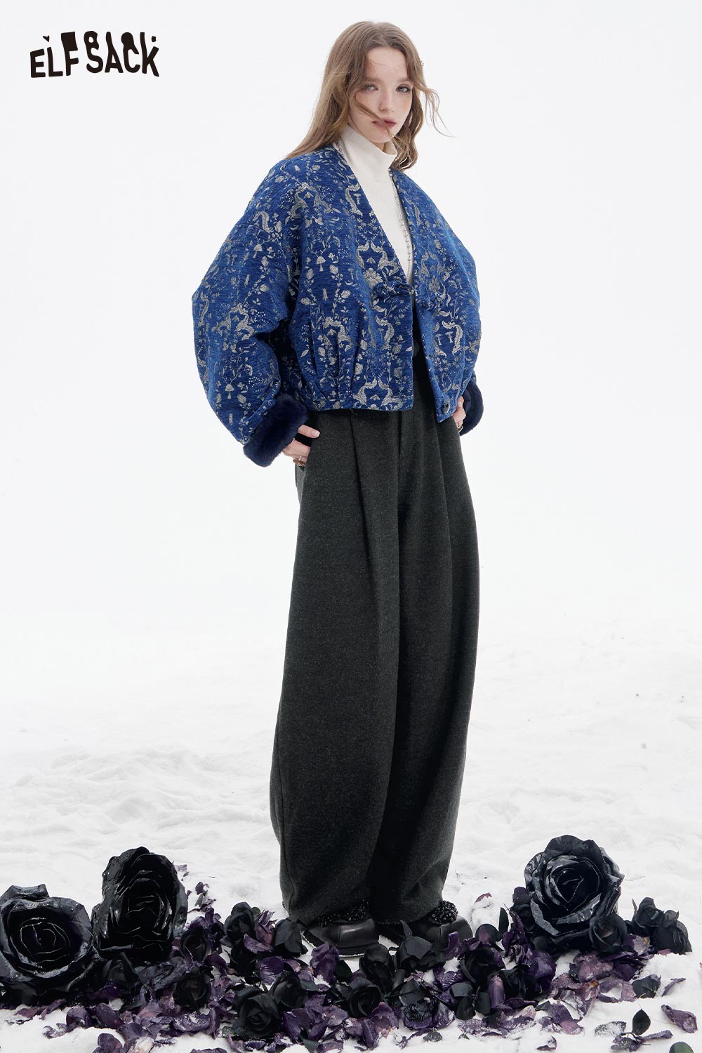 ELFSACK women's wide leg pleated pants paired with a stylish cropped jacket for a chic look