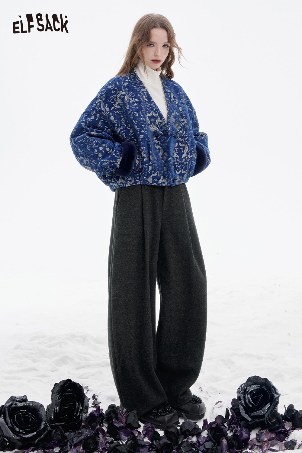 ELFSACK women's wide leg pleated pants in dark gray paired with a stylish printed sweater