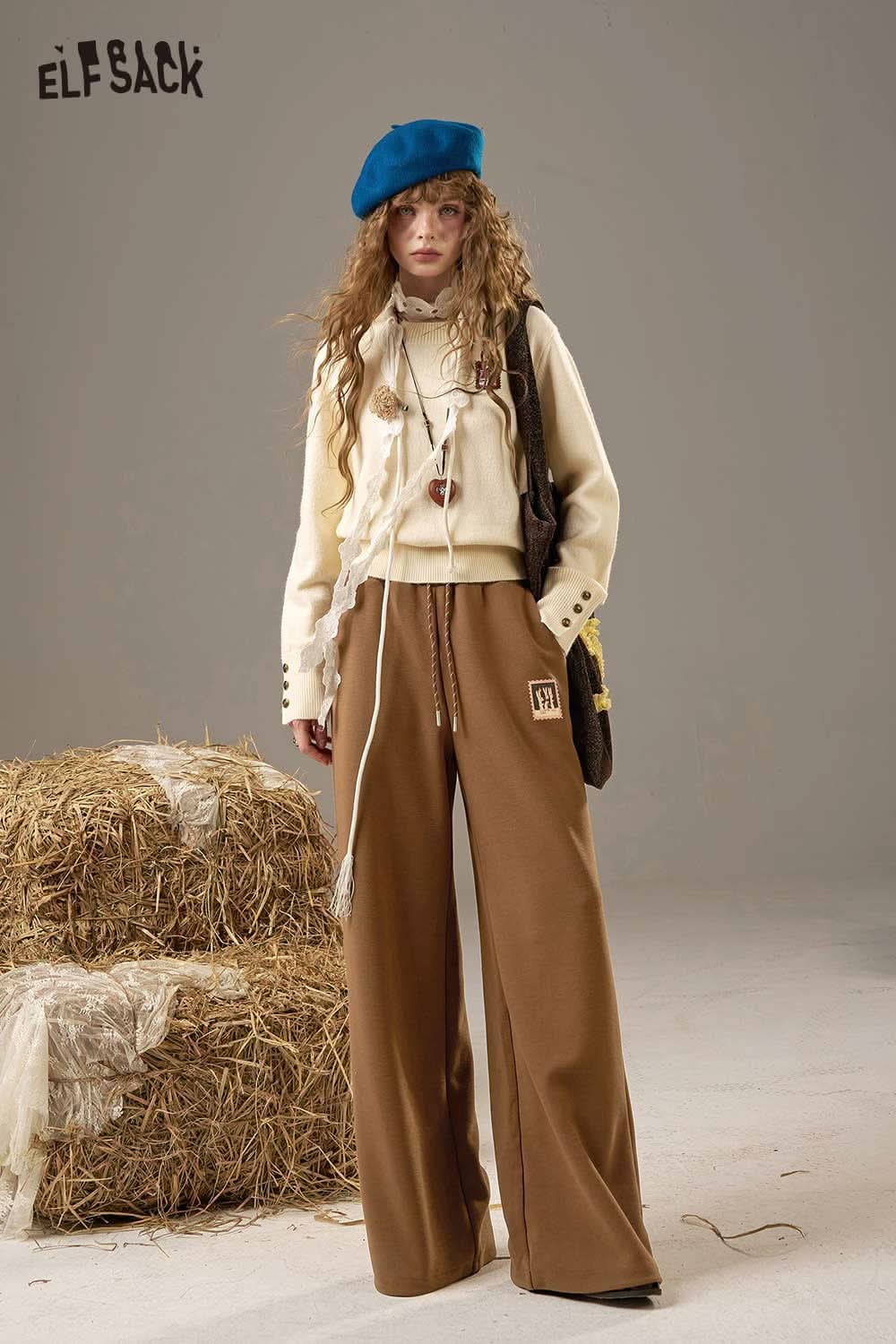 ELFSACK women's wide leg sweatpants in brown with a comfortable fit and stylish design