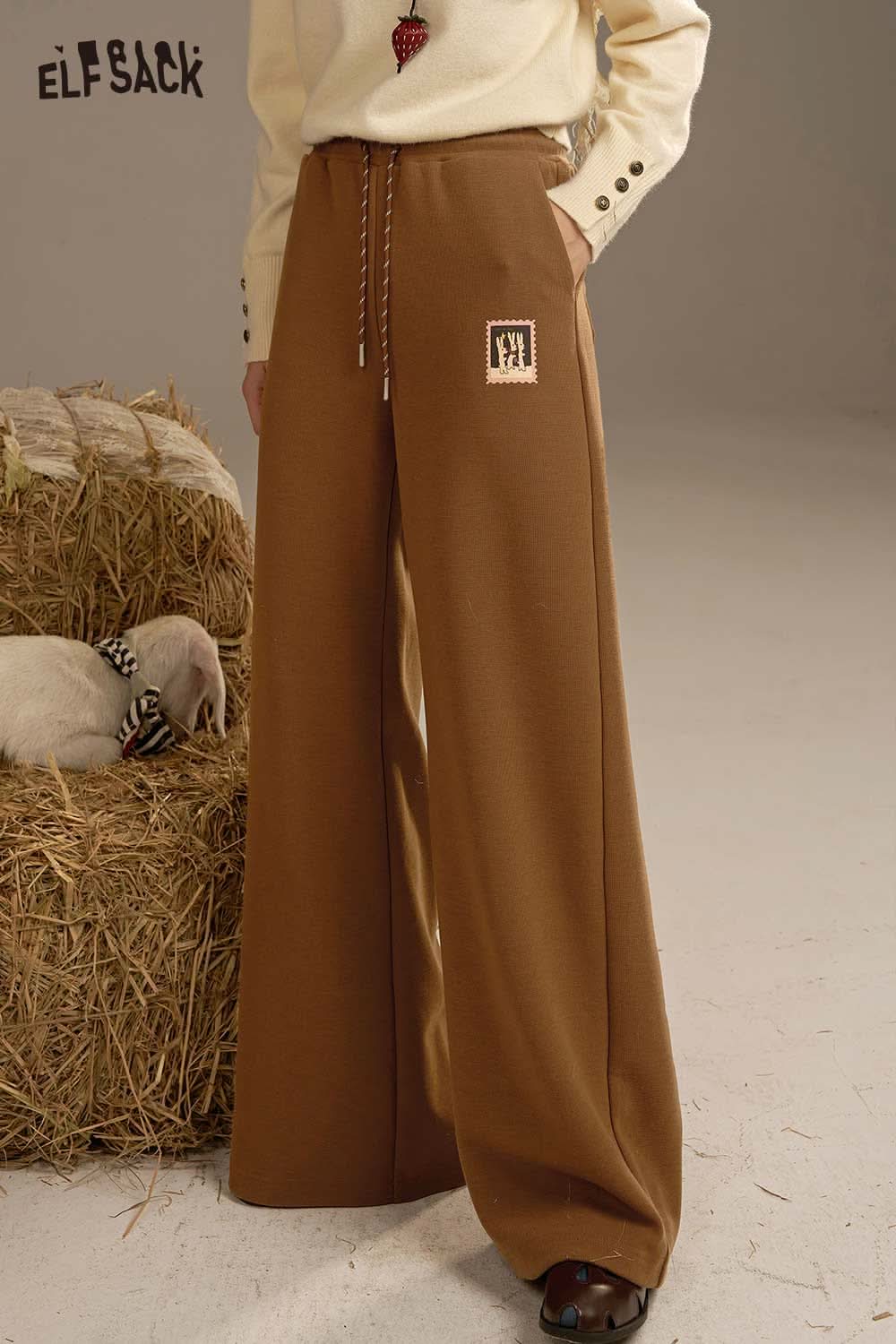 ELFSACK women's wide leg sweatpants in brown with a comfortable design and drawstring waist
