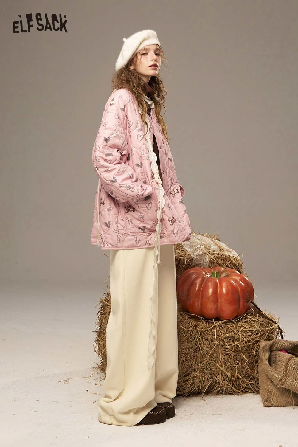 ELFSACK women's wide leg sweatpants with a relaxed fit styled with a pink quilted jacket