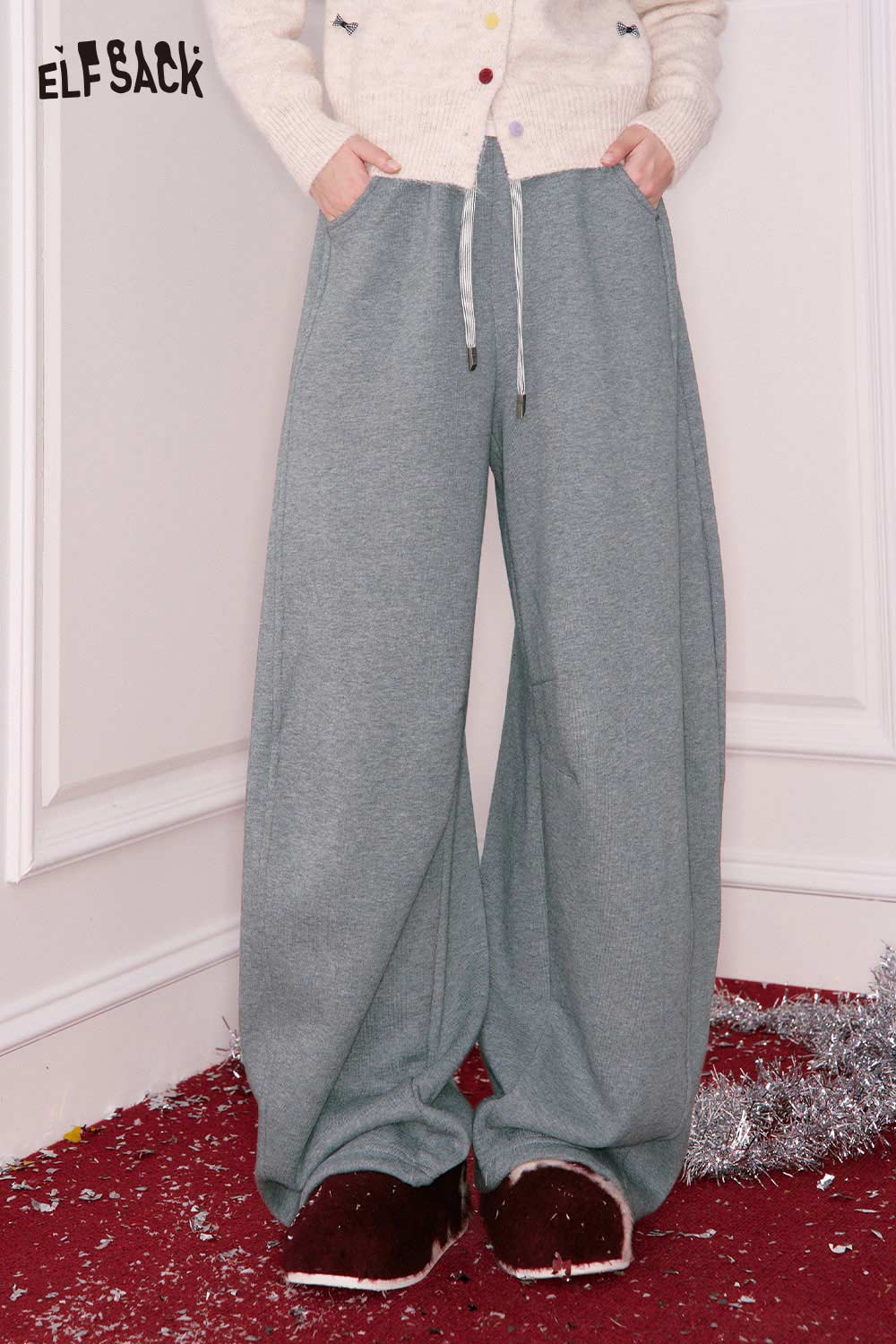 ELFSACK women's wide leg sweatpants in soft gray fabric with an adjustable drawstring waistband