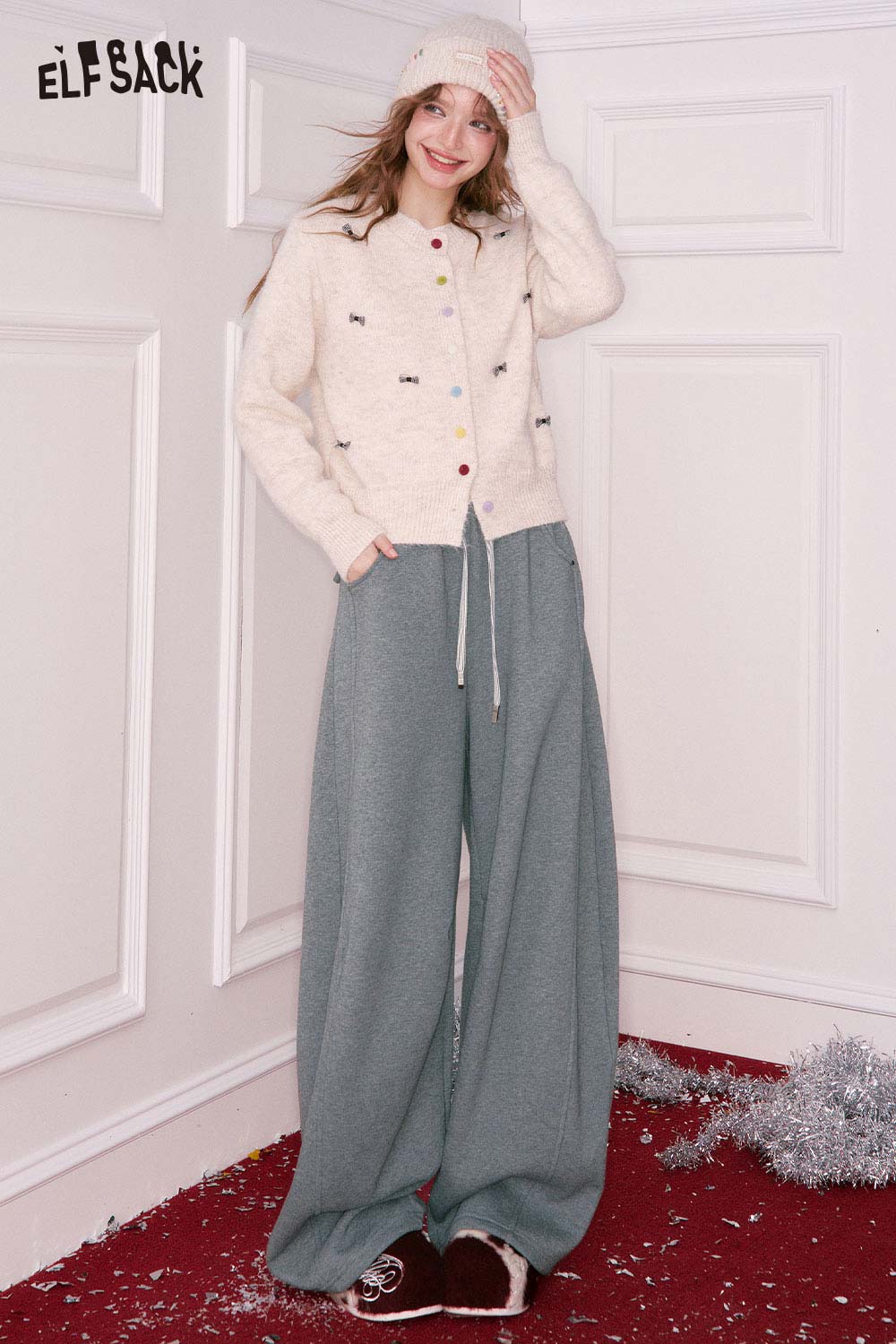 ELFSACK women's wide leg sweatpants in grey paired with a cozy button-up cardigan