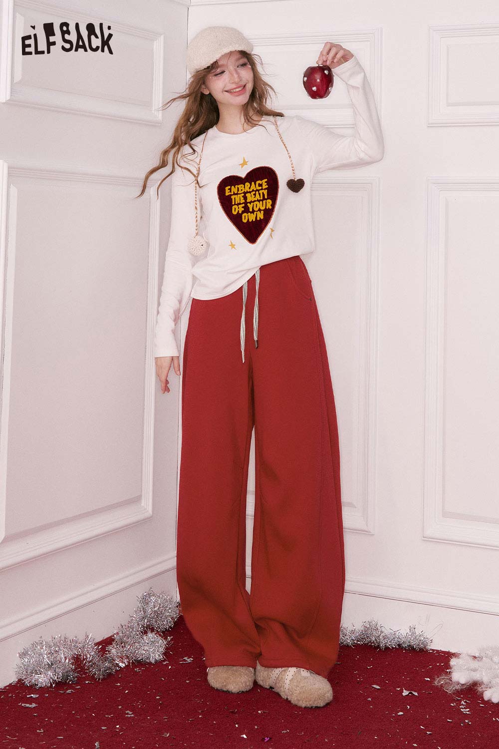 ELFSACK women's wide leg sweatpants in red, paired with a long-sleeve graphic top for a casual look