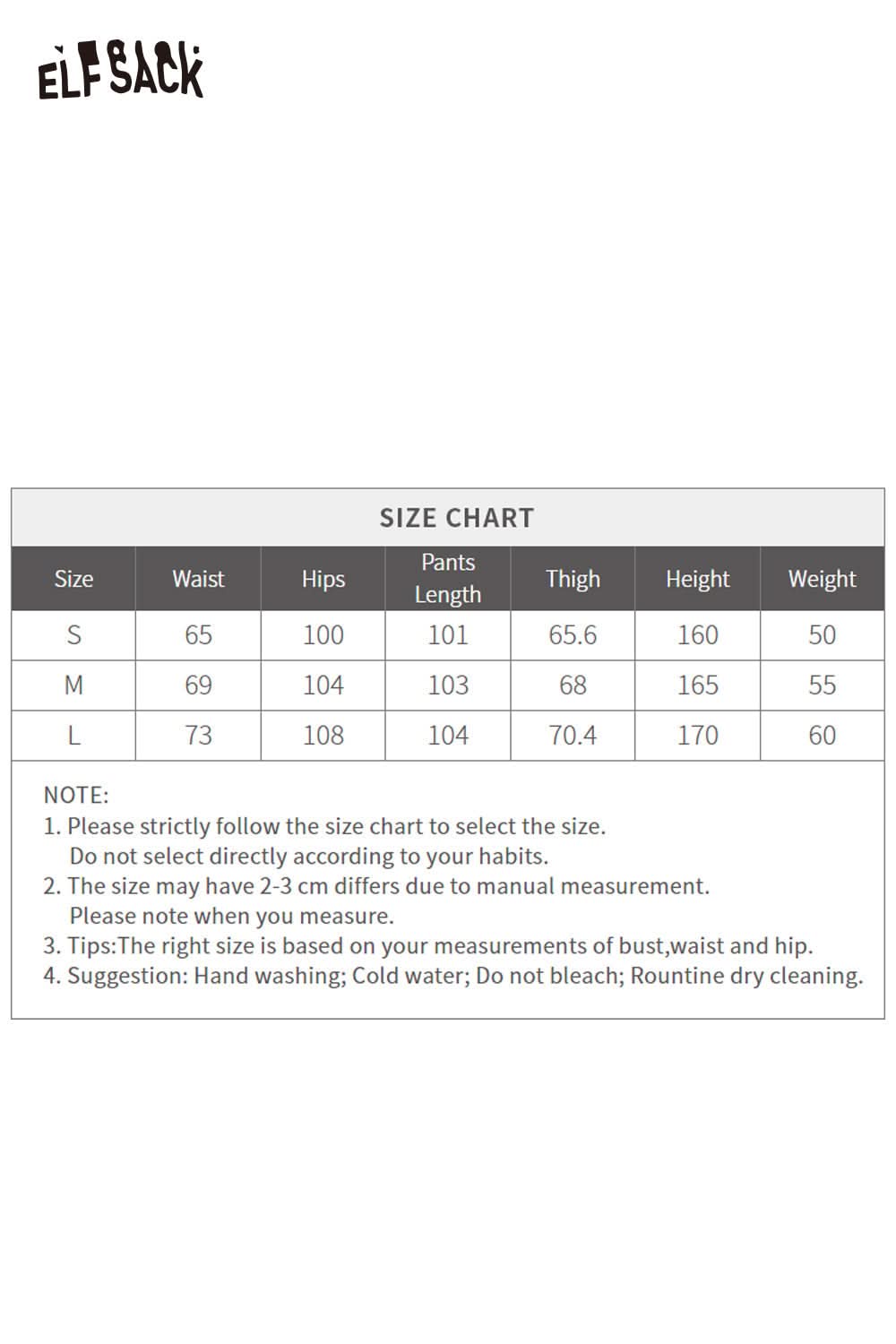 Size chart for ELFSACK women's wide leg sweatpants with measurements for S, M, and L sizes