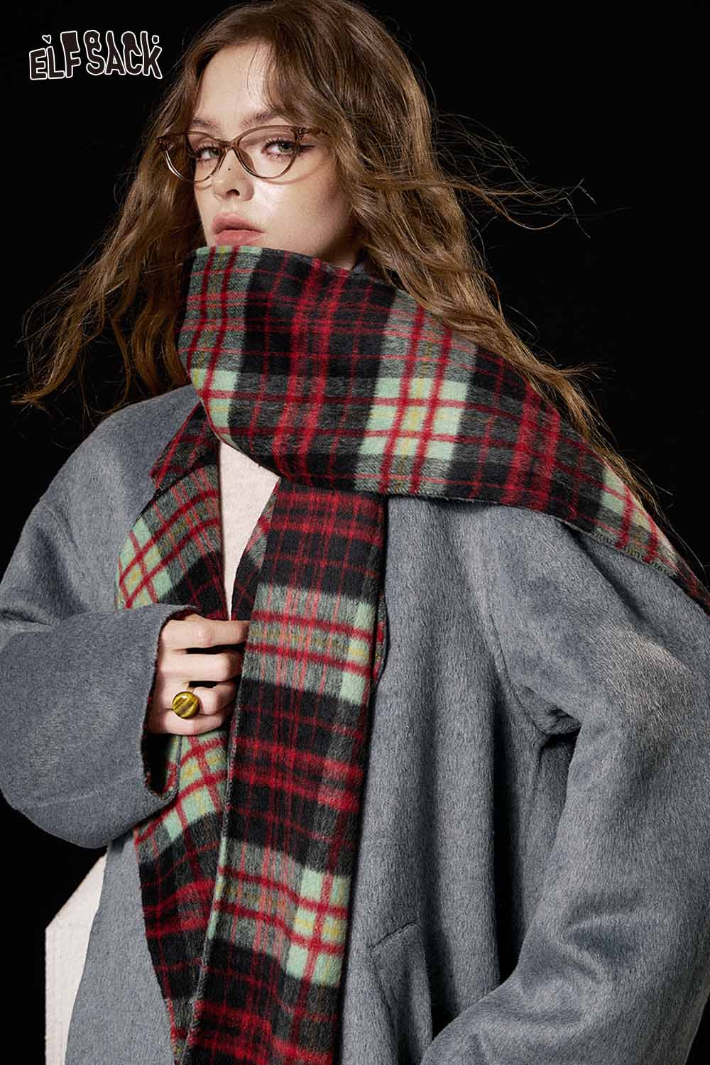Stylish ELFSACK women's wool blend coat paired with a trendy plaid scarf for a chic look