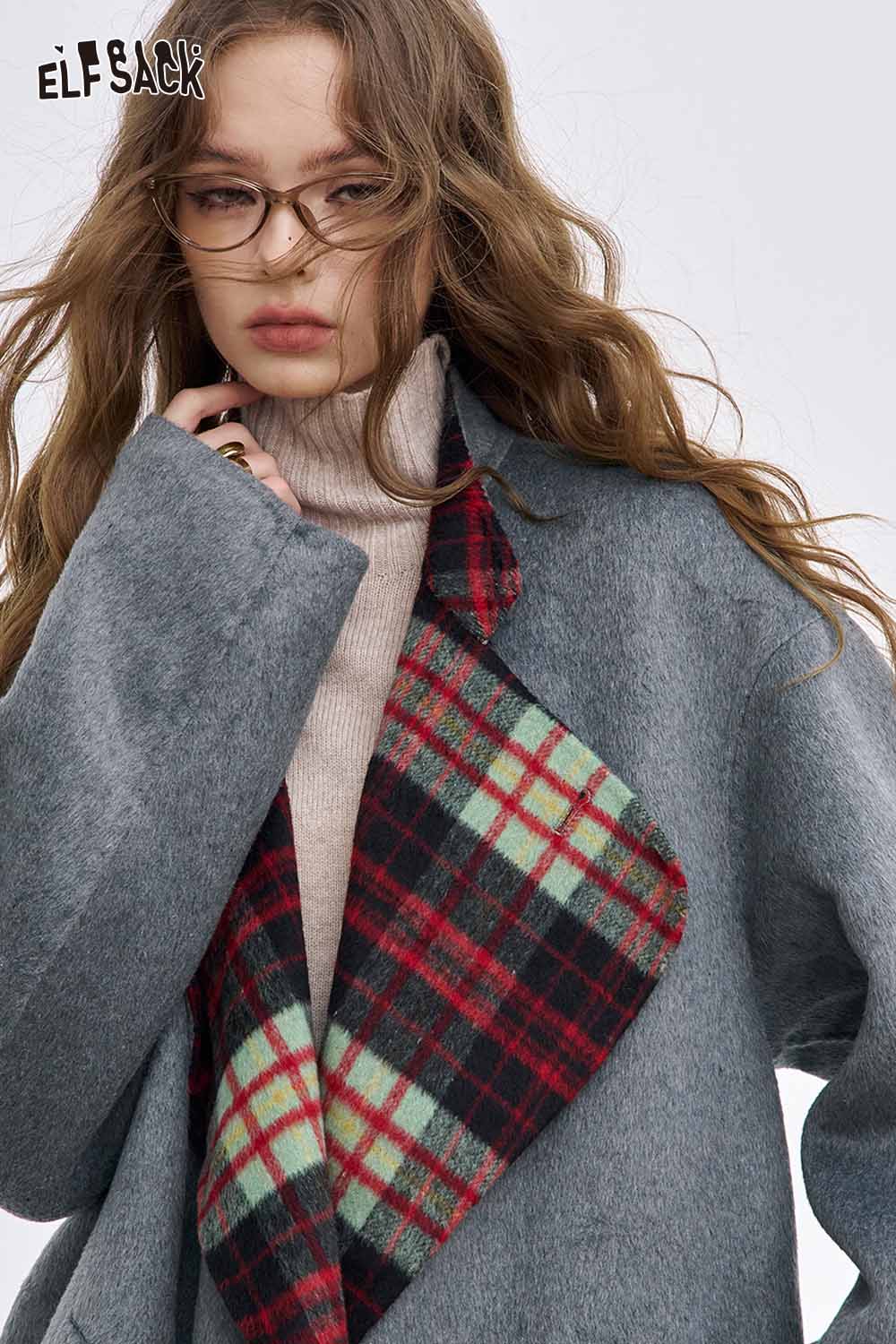 ELFSACK women's wool blend coat with plaid lapel and a stylish gray design for a chic look