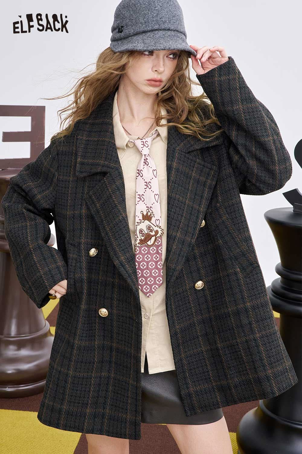 ELFSACK women's wool blend coat in a plaid design with a stylish oversized fit